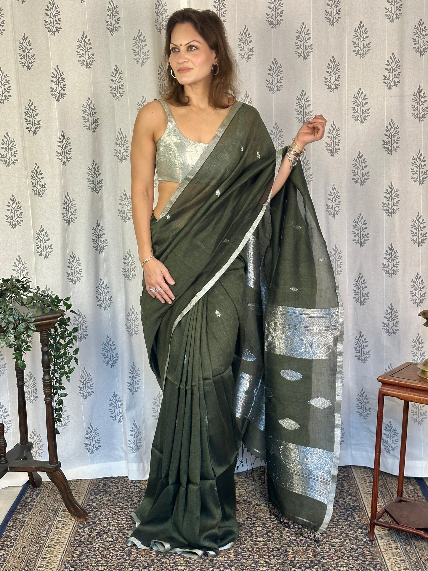 Green Pure Linen Sari with Banarasi Silver Zari Work