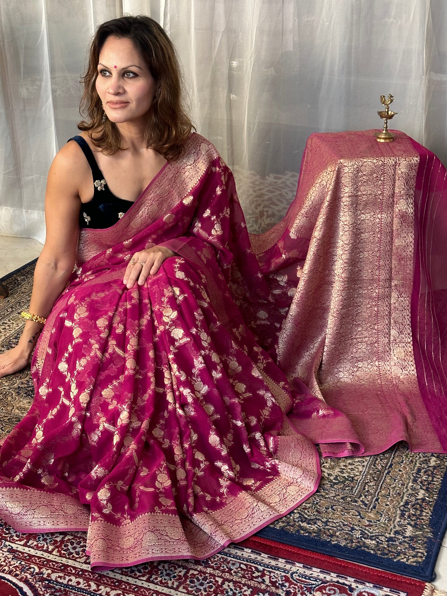 Magenta Pure Viscose Georgette Banarasi Sari with Gold Banarasi Work