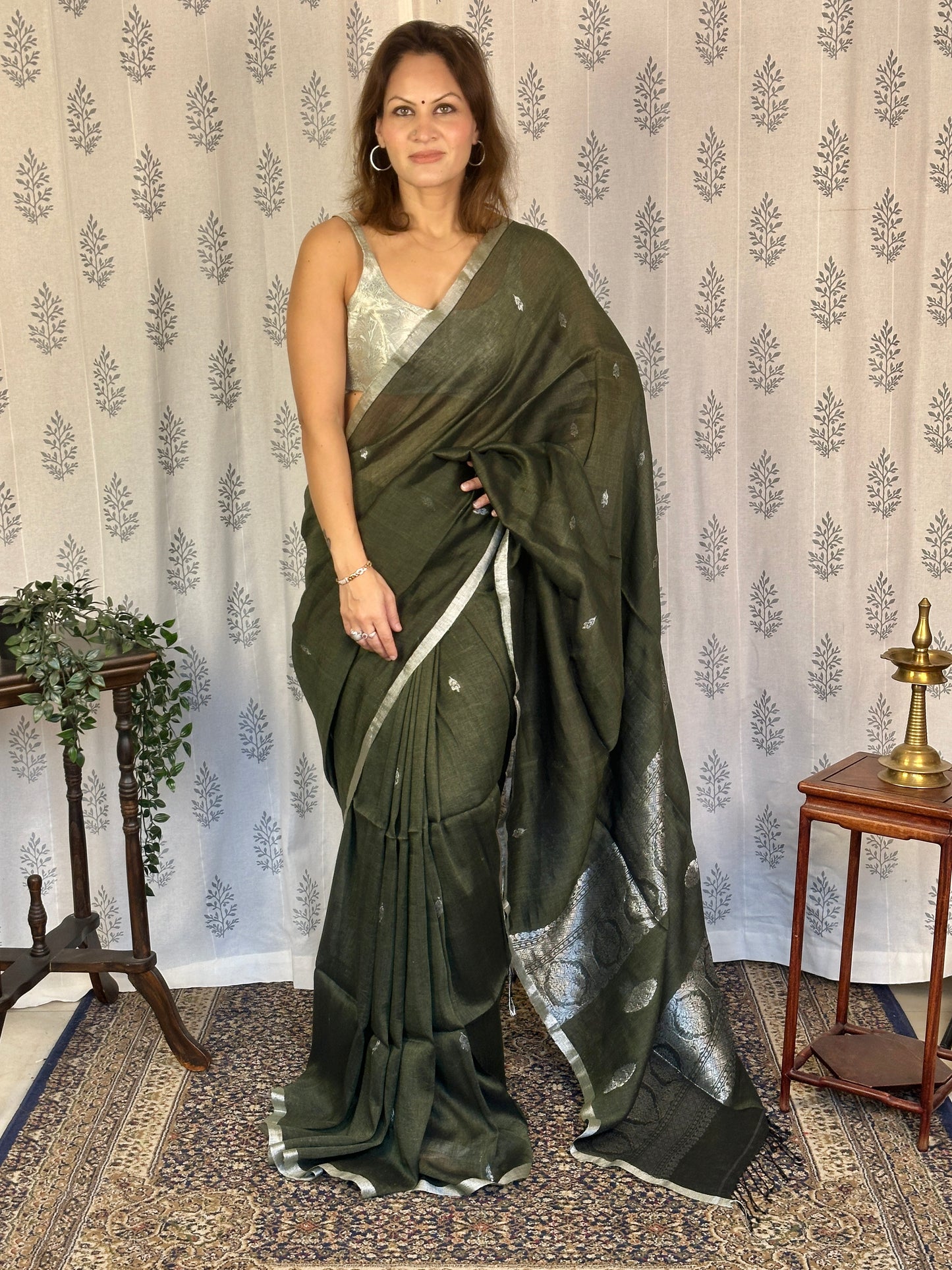 Green Pure Linen Sari with Banarasi Silver Zari Work