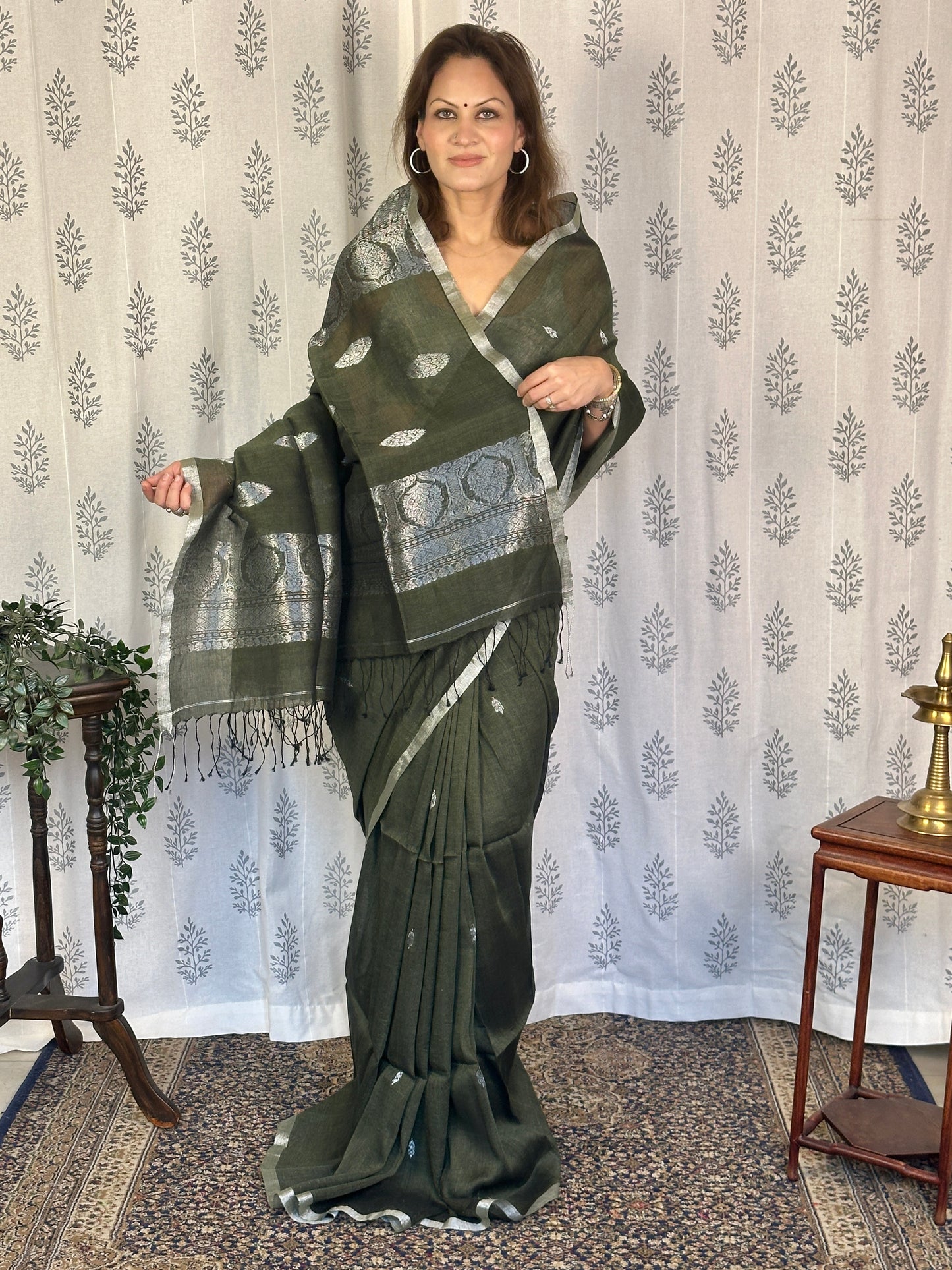 Green Pure Linen Sari with Banarasi Silver Zari Work