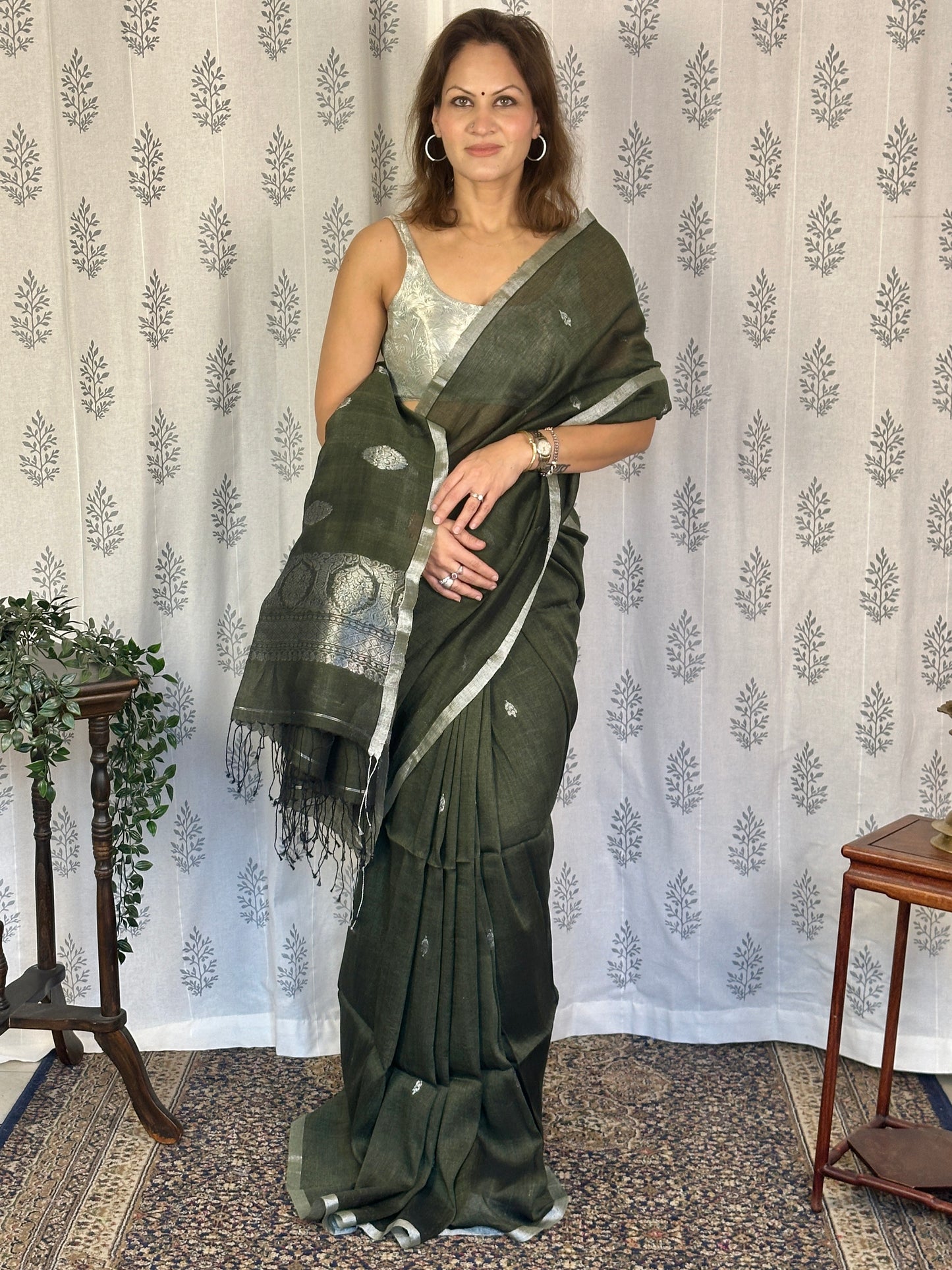 Green Pure Linen Sari with Banarasi Silver Zari Work