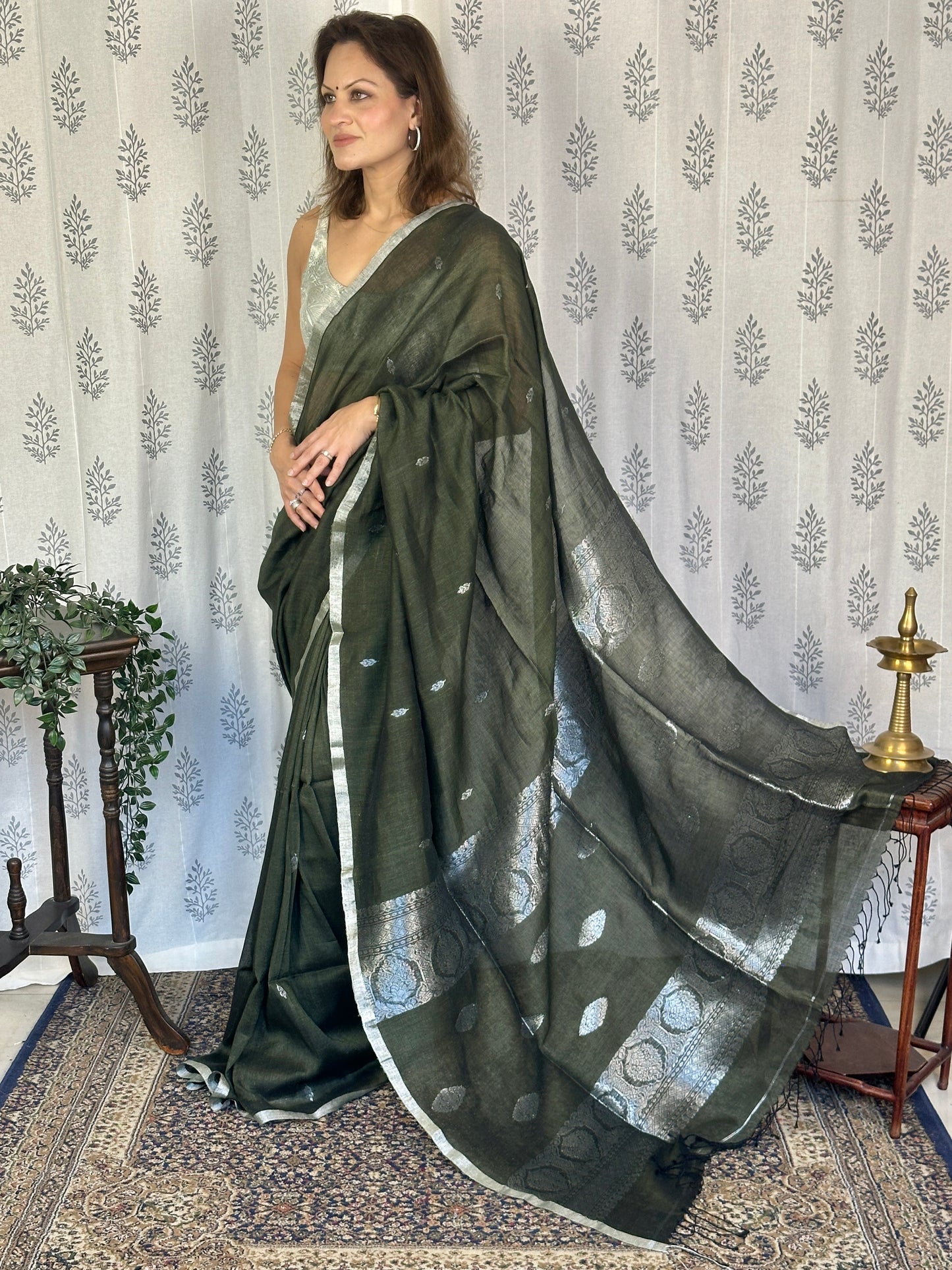 Green Pure Linen Sari with Banarasi Silver Zari Work