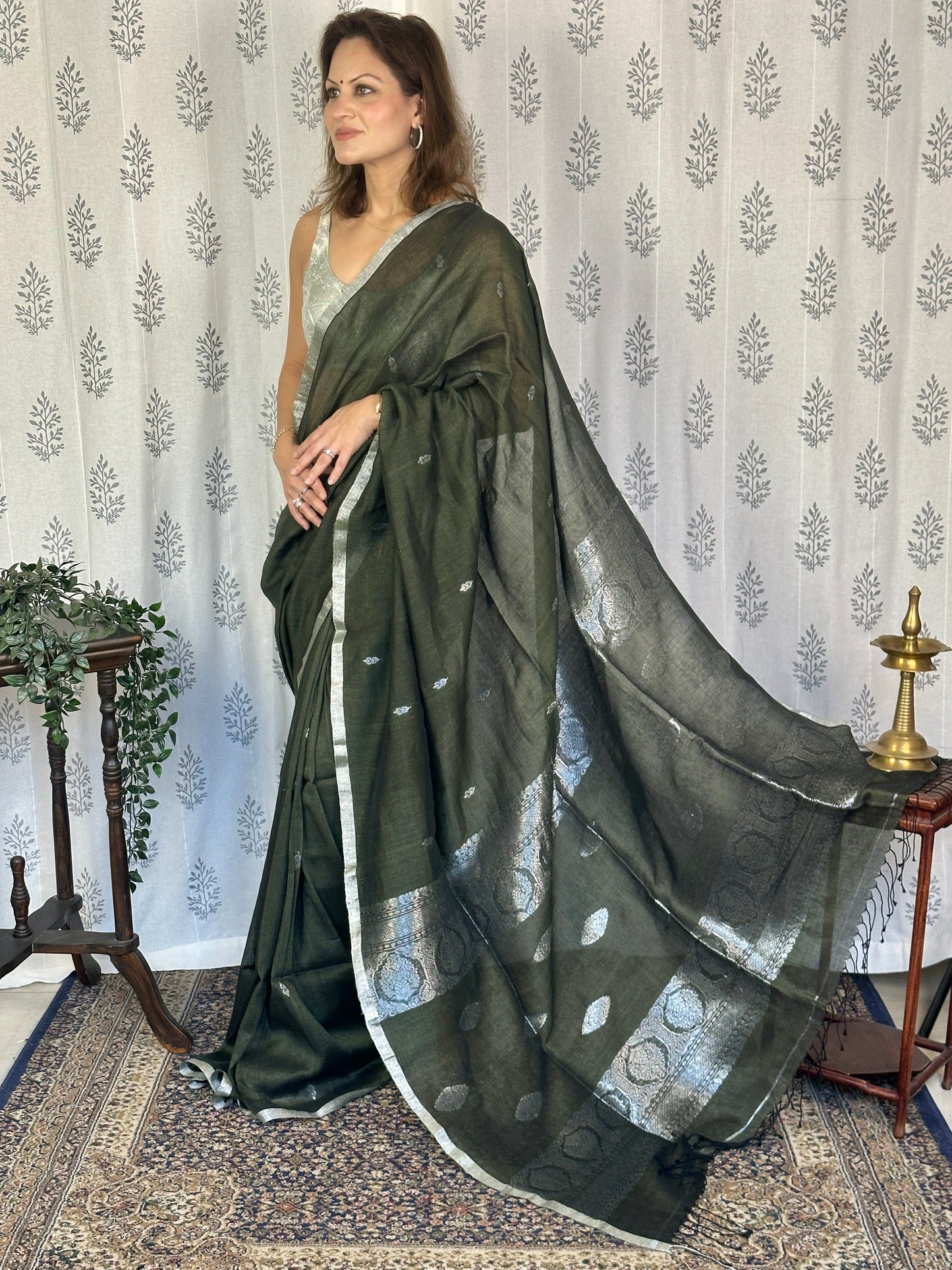 Green Pure Linen Sari with Banarasi Silver Zari Work