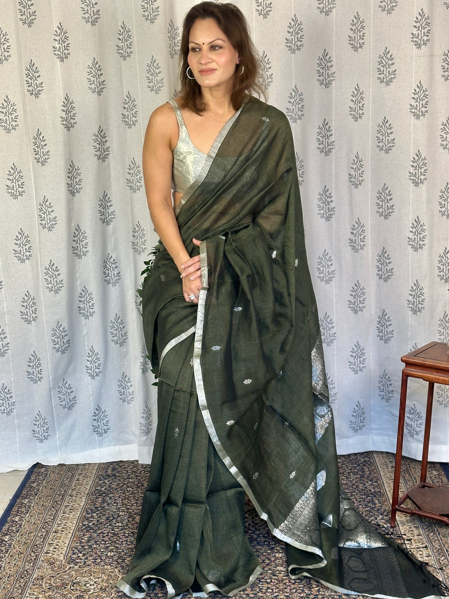 Green Pure Linen Sari with Banarasi Silver Zari Work