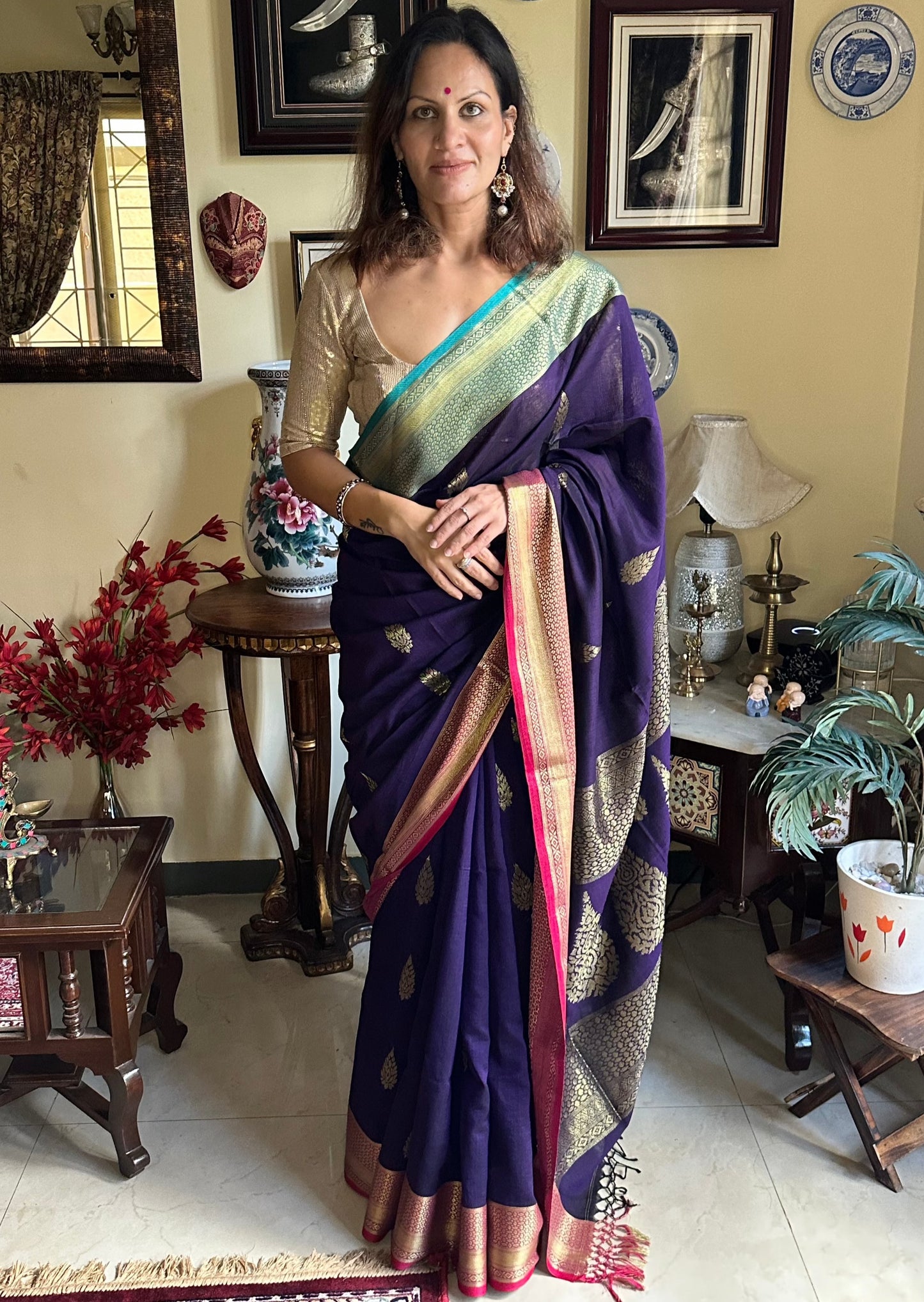 Handloom Pure Cotton Banarasi with Dual Border - Raahini