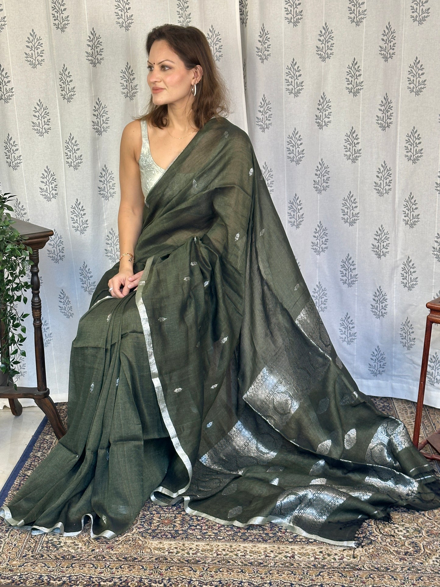 Green Pure Linen Sari with Banarasi Silver Zari Work