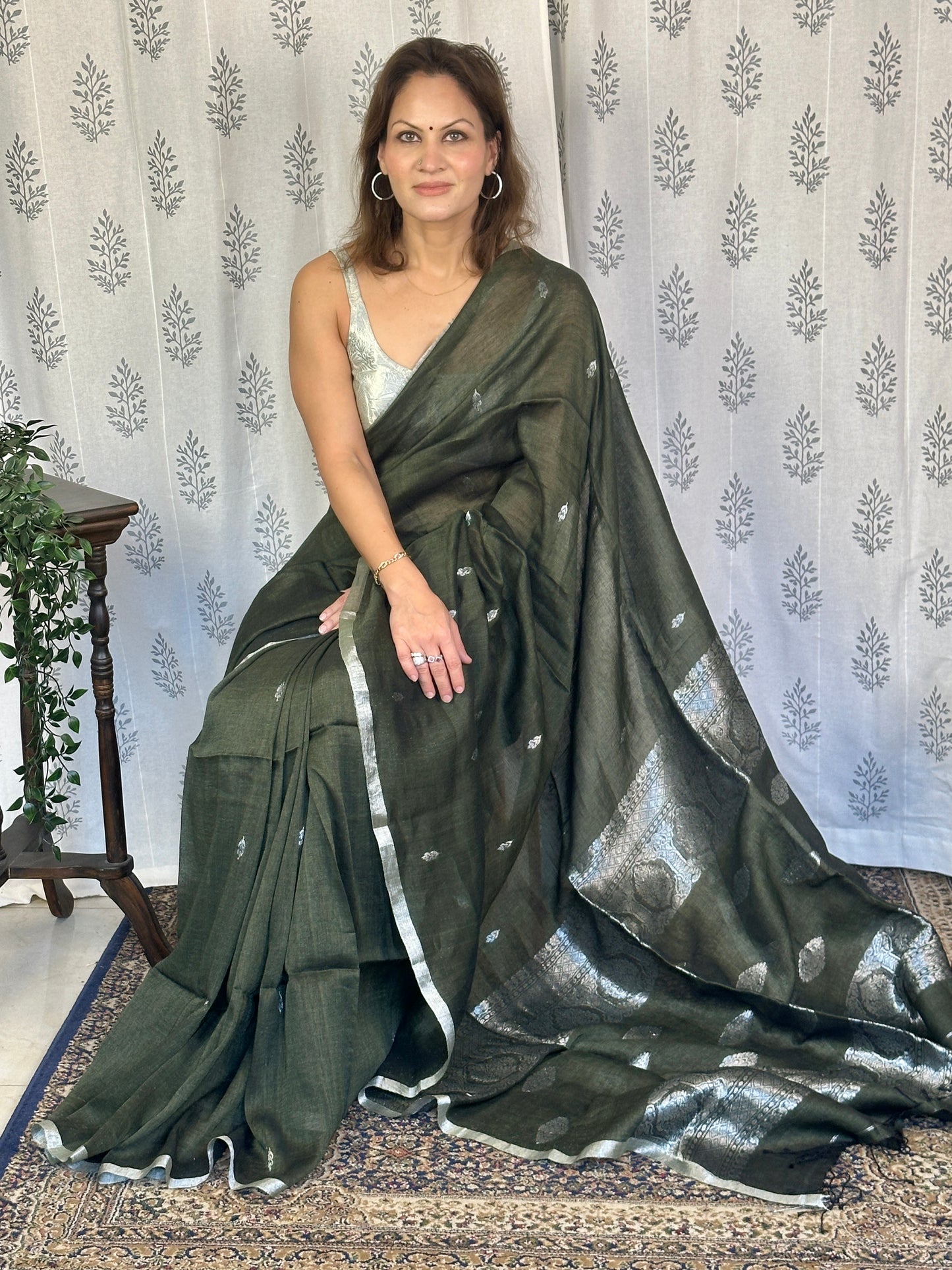 Green Pure Linen Sari with Banarasi Silver Zari Work