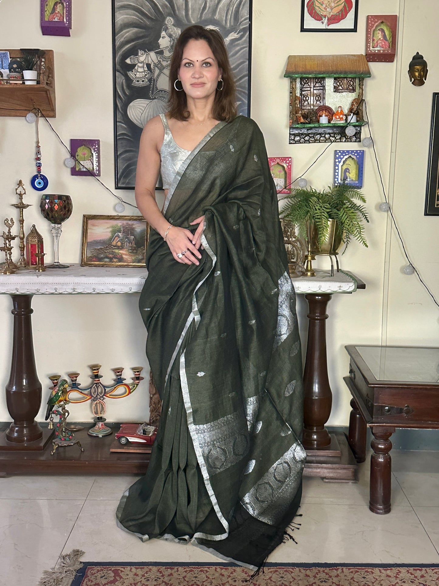 Green Pure Linen Sari with Banarasi Silver Zari Work