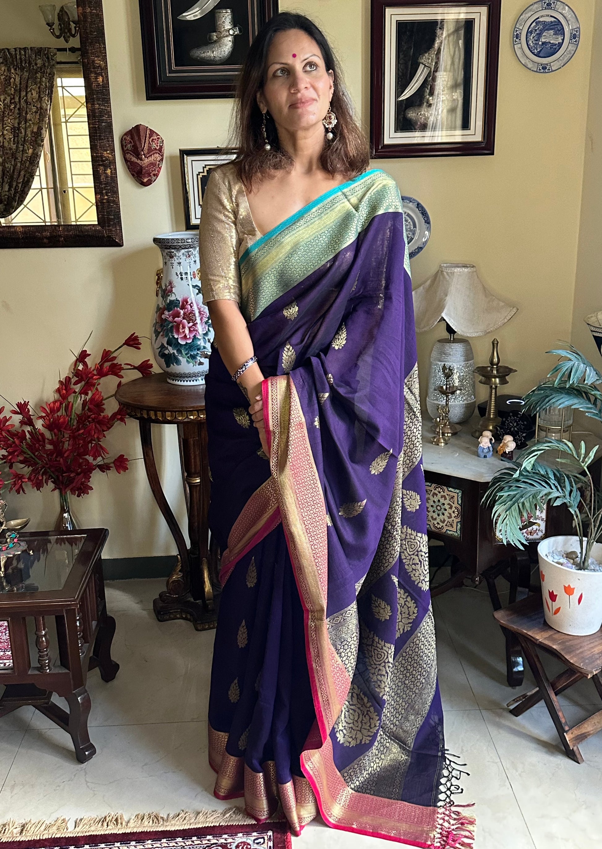 Handloom Pure Cotton Banarasi with Dual Border - Raahini