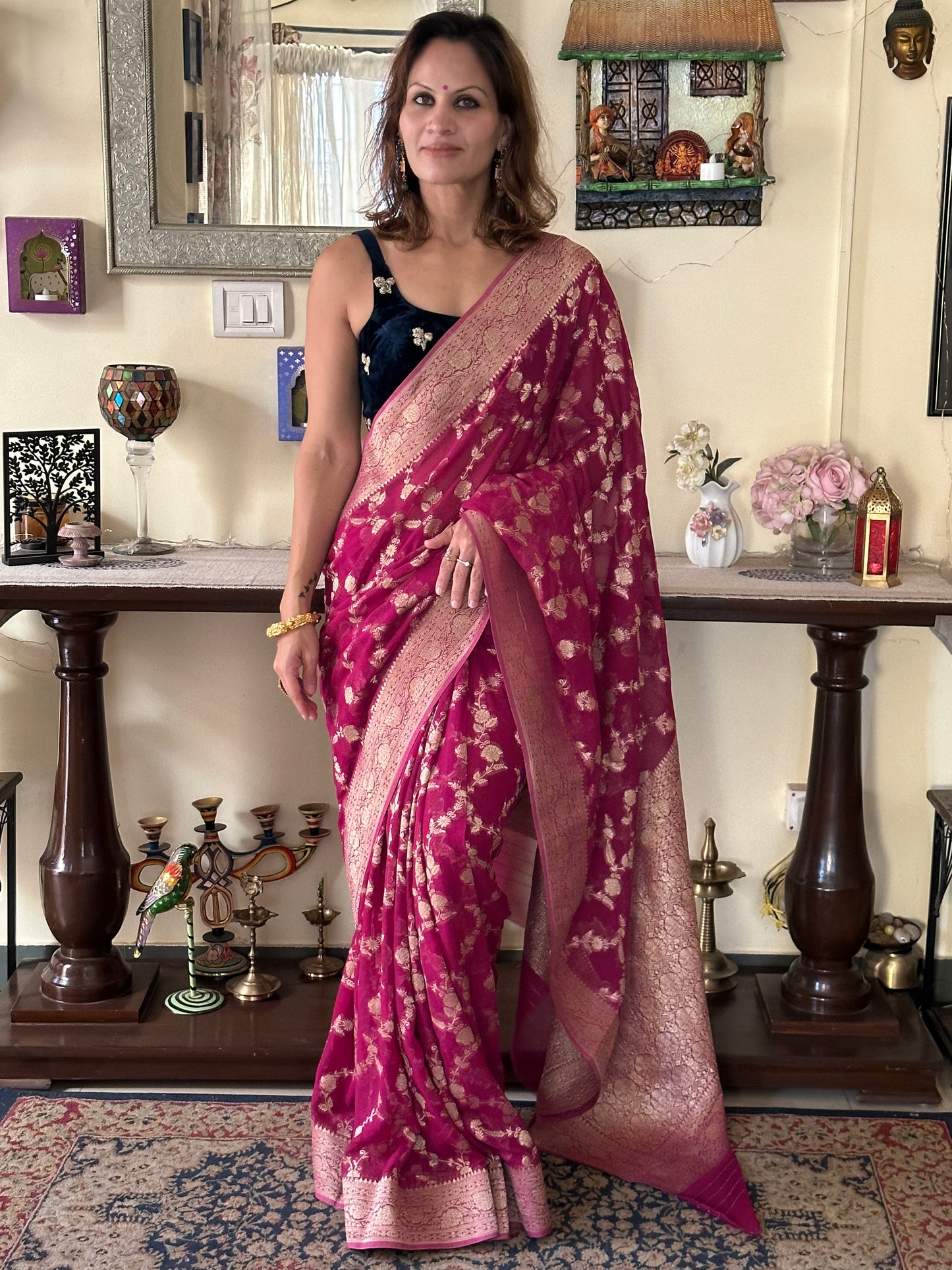 Magenta Pure Viscose Georgette Banarasi Sari with Gold Banarasi Work