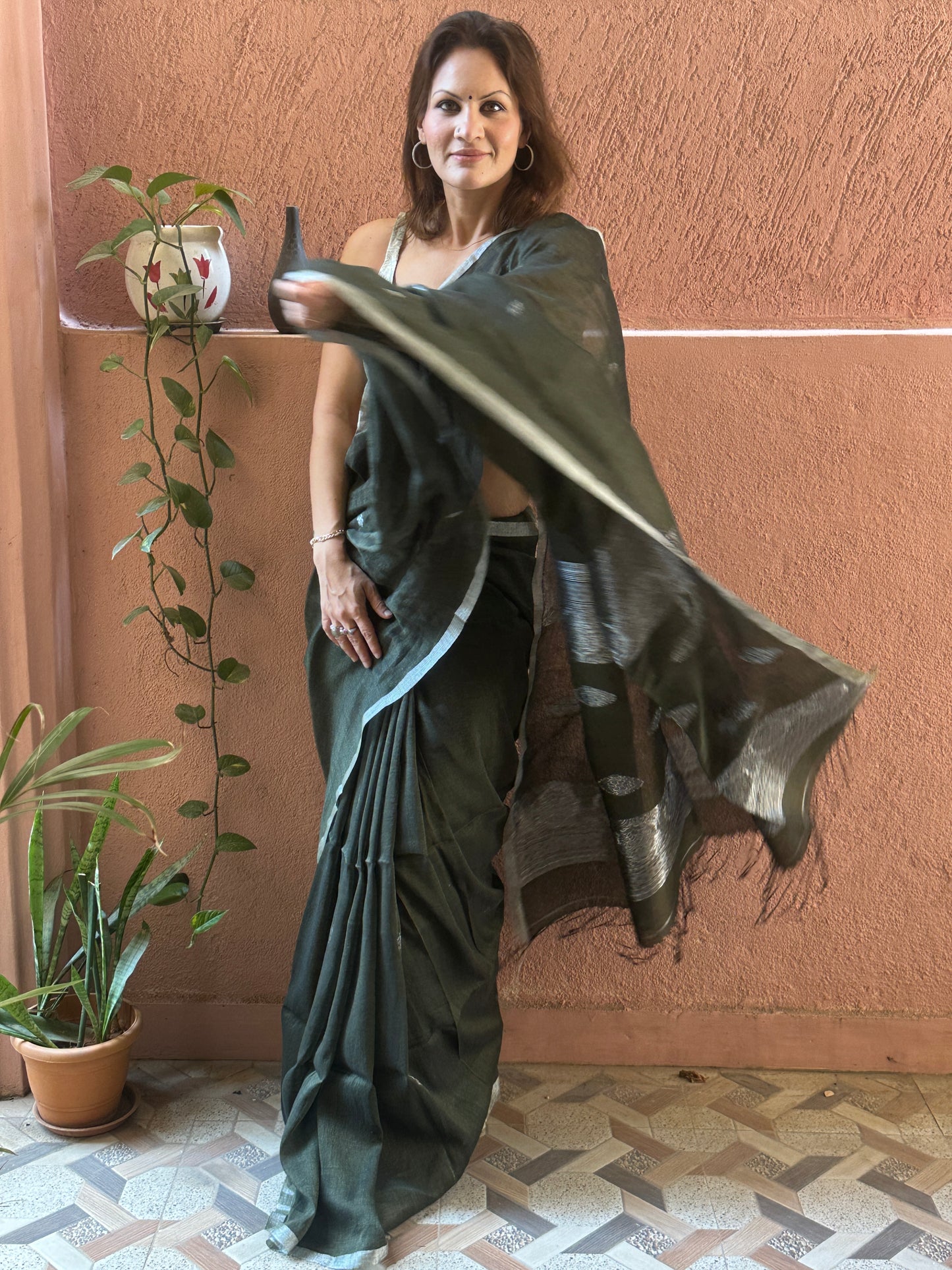 Green Pure Linen Sari with Banarasi Silver Zari Work