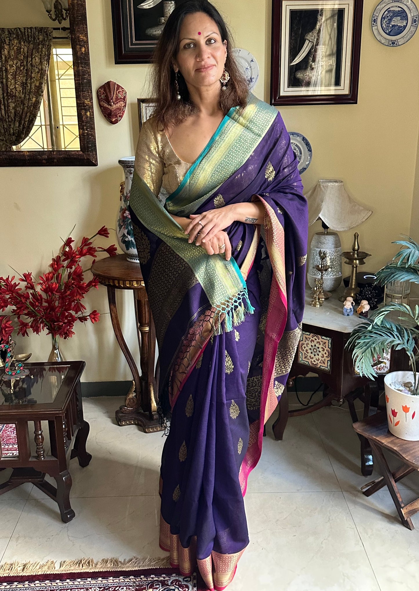 Handloom Pure Cotton Banarasi with Dual Border - Raahini