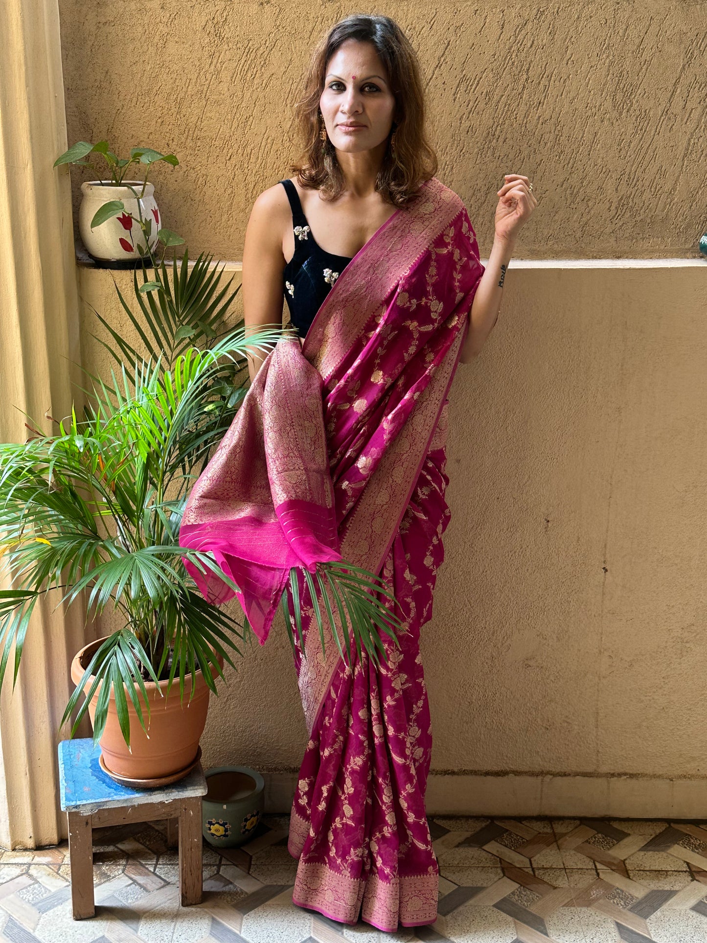 Magenta Pure Viscose Georgette Banarasi Sari with Gold Banarasi Work