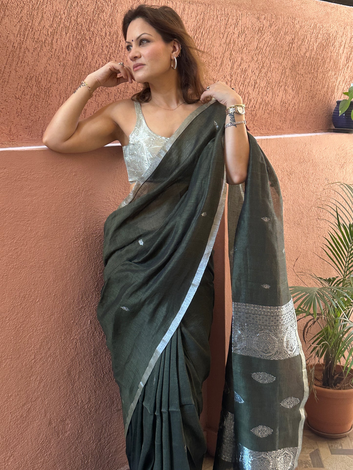 Green Pure Linen Sari with Banarasi Silver Zari Work