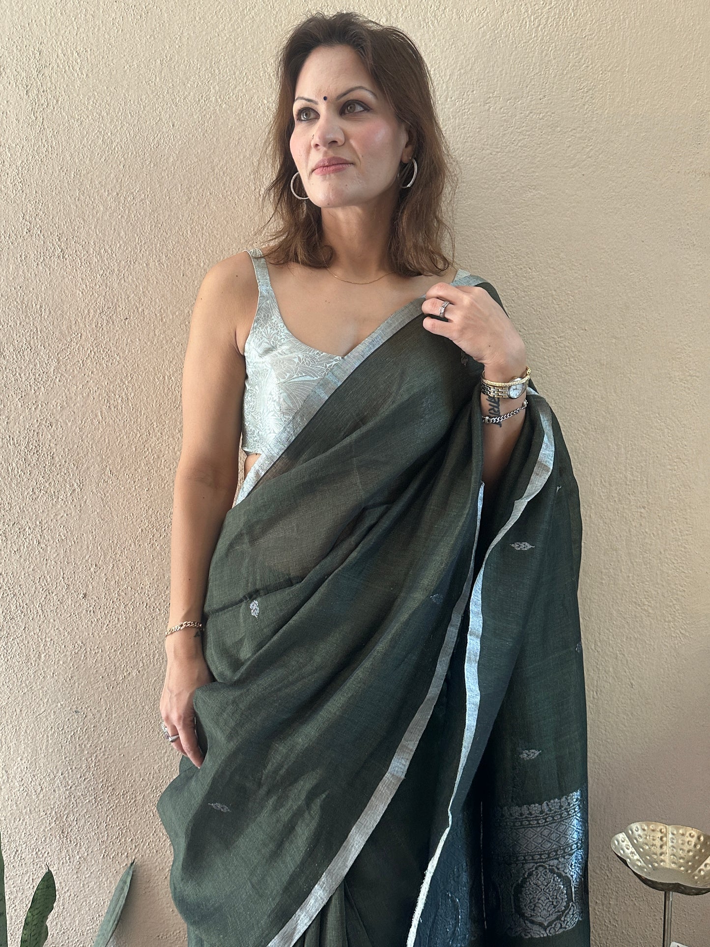 Green Pure Linen Sari with Banarasi Silver Zari Work