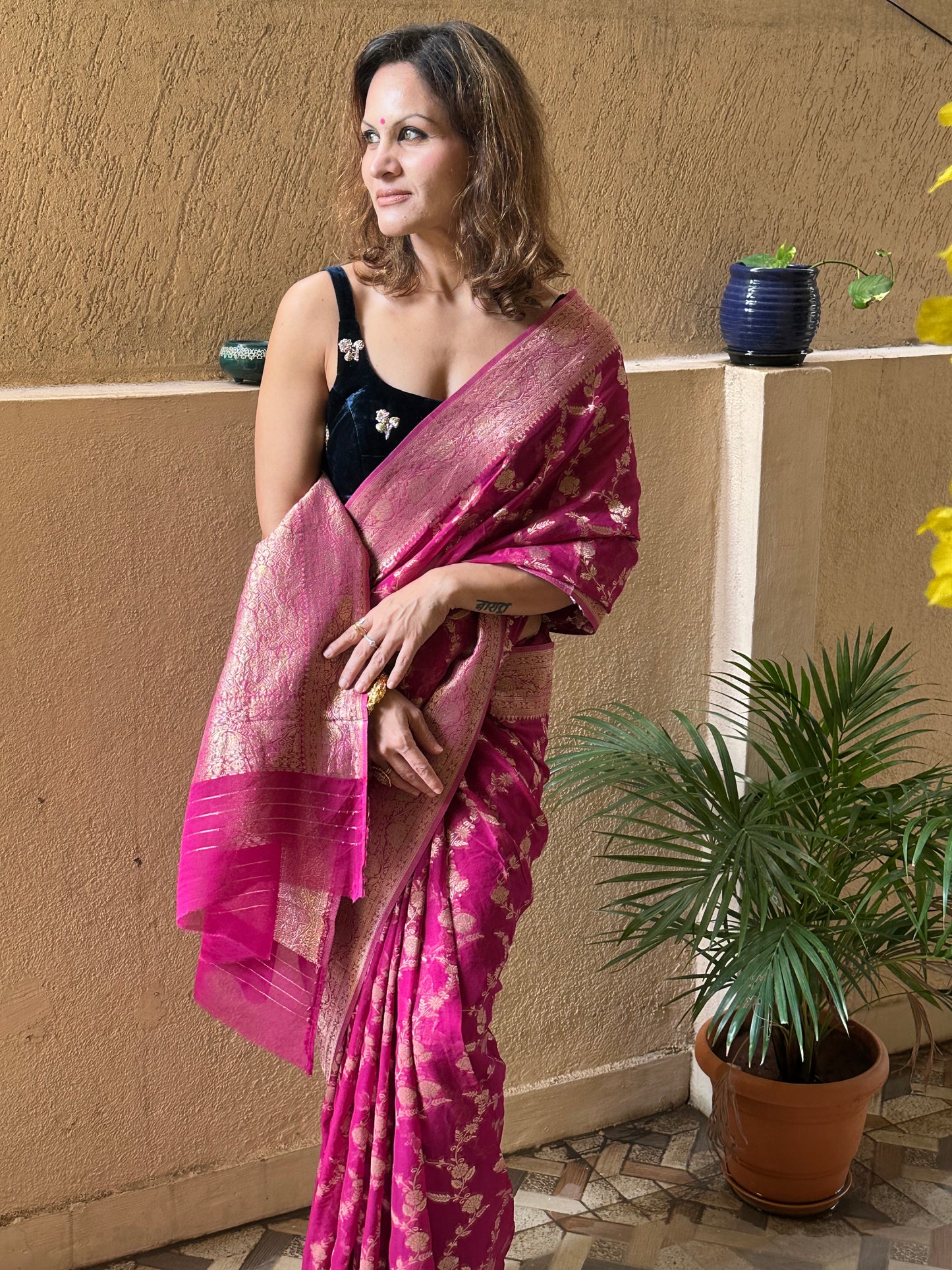 Magenta Pure Viscose Georgette Banarasi Sari with Gold Banarasi Work