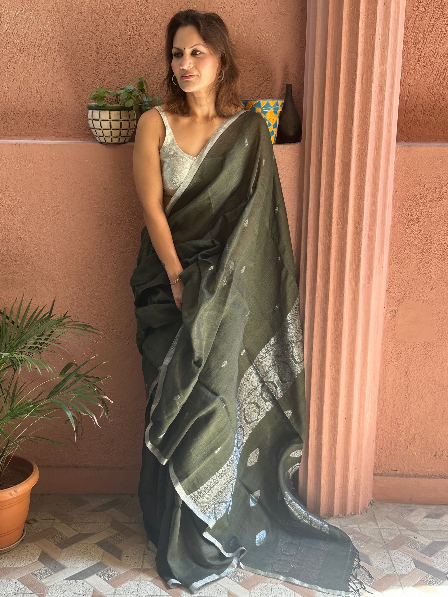 Green Pure Linen Sari with Banarasi Silver Zari Work