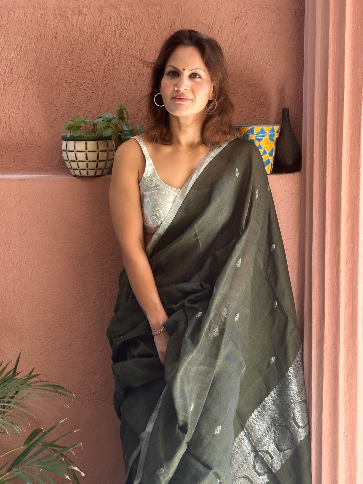 Green Pure Linen Sari with Banarasi Silver Zari Work