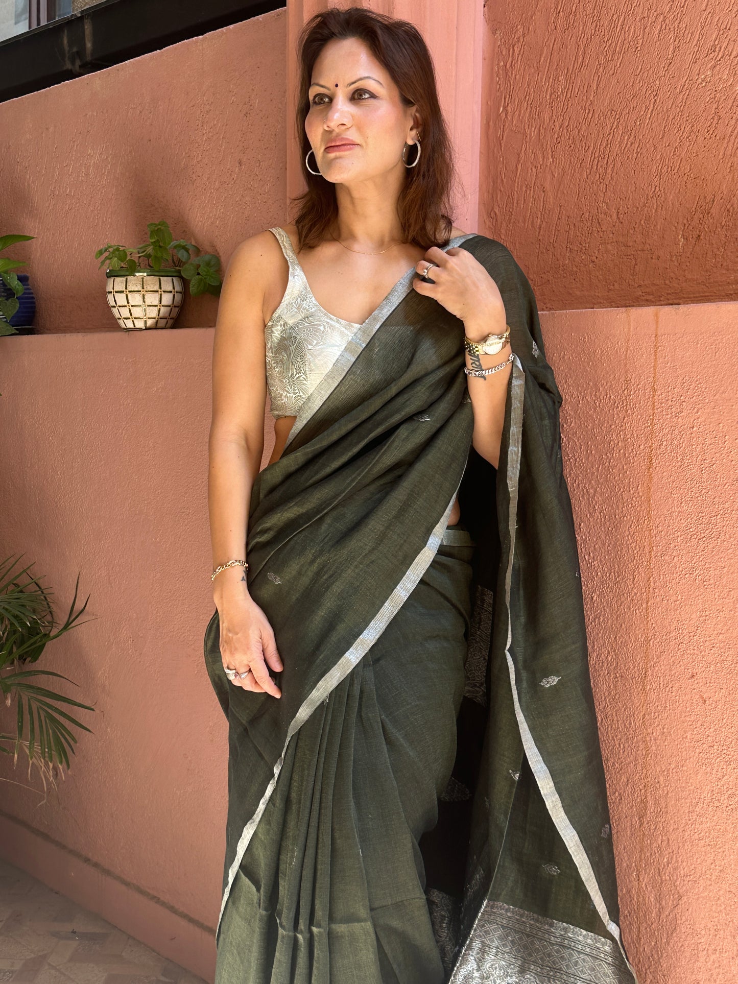 Green Pure Linen Sari with Banarasi Silver Zari Work