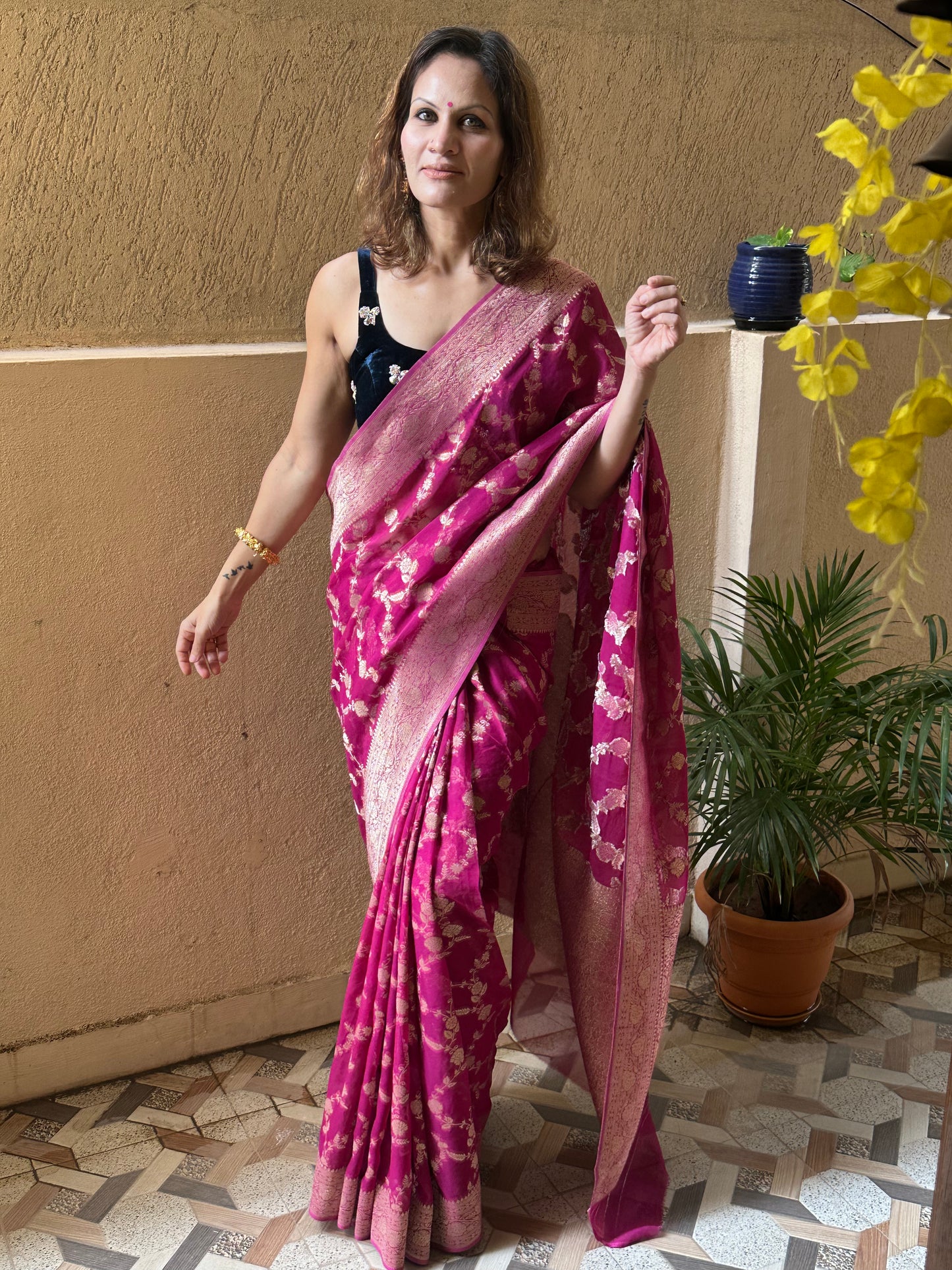 Magenta Pure Viscose Georgette Banarasi Sari with Gold Banarasi Work