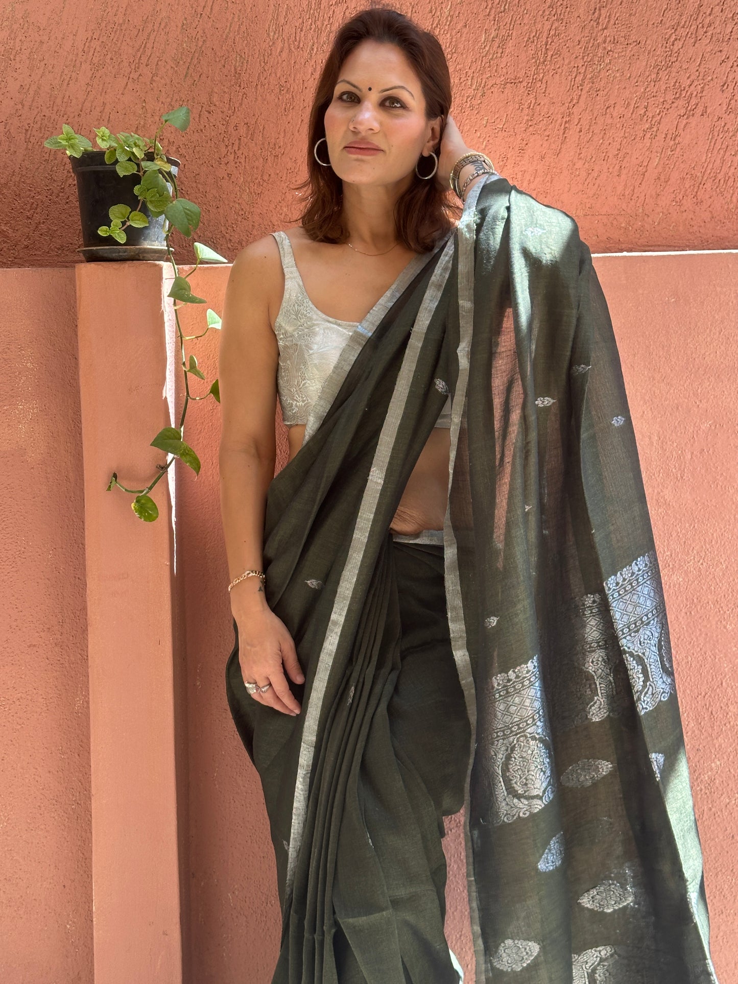 Green Pure Linen Sari with Banarasi Silver Zari Work