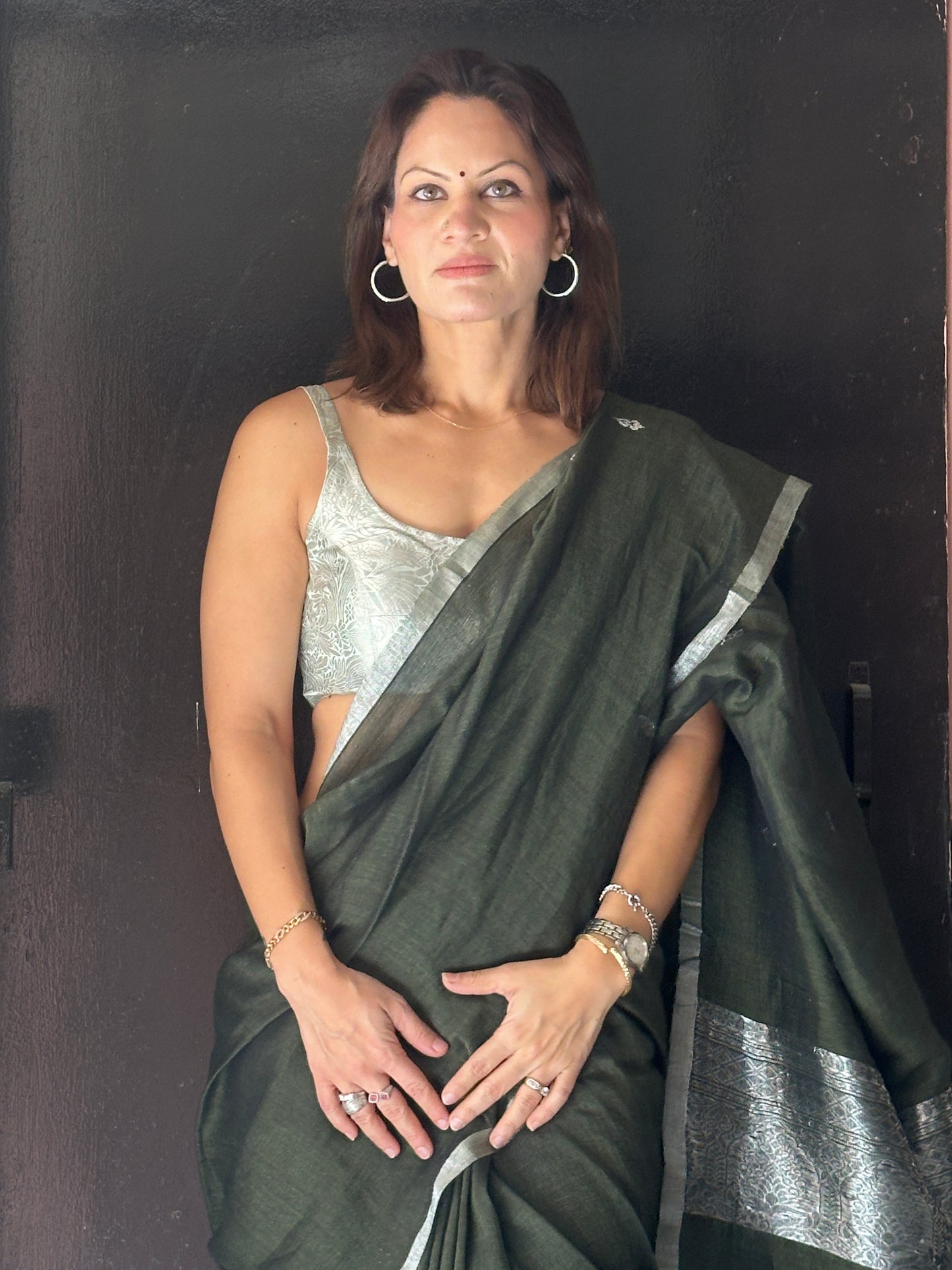 Green Pure Linen Sari with Banarasi Silver Zari Work