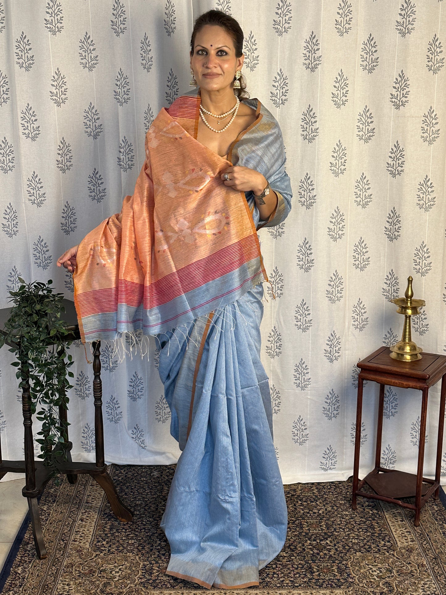 Blue Matka Silk Saree with Peach Contrast Pallu & Jamdani Hand Work