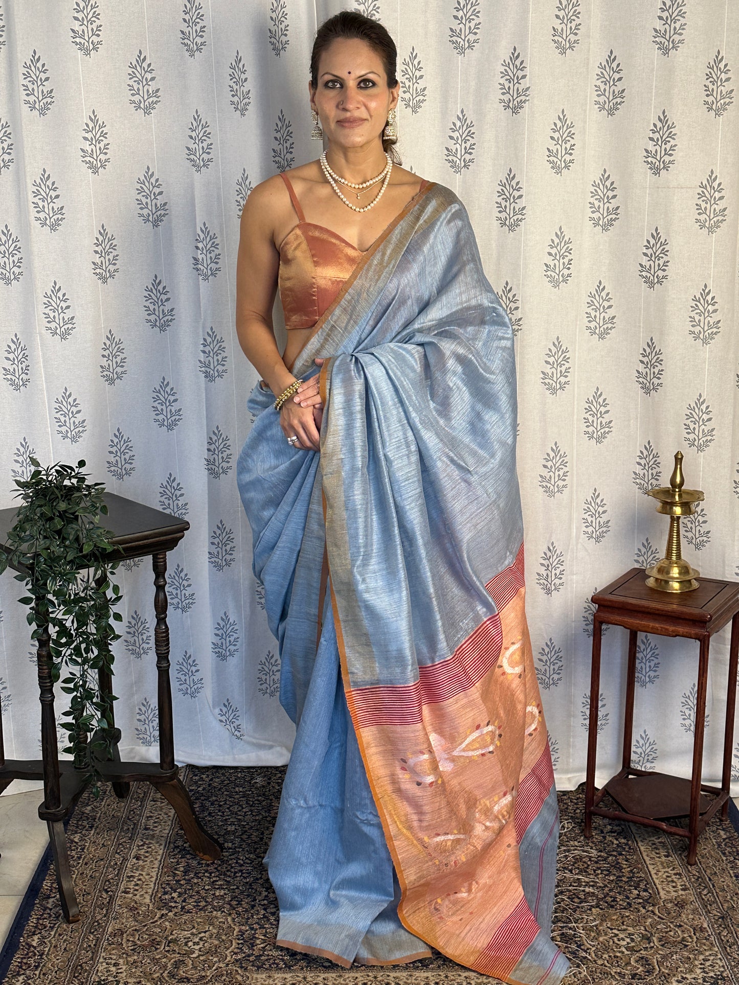 Blue Matka Silk Saree with Peach Contrast Pallu & Jamdani Hand Work