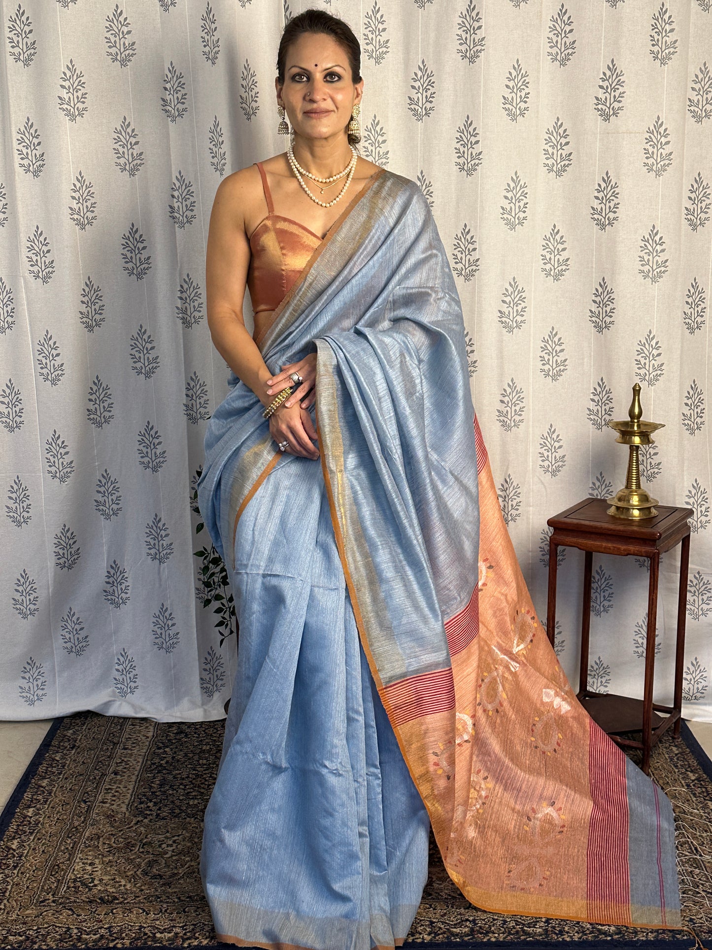 Blue Matka Silk Saree with Peach Contrast Pallu & Jamdani Hand Work