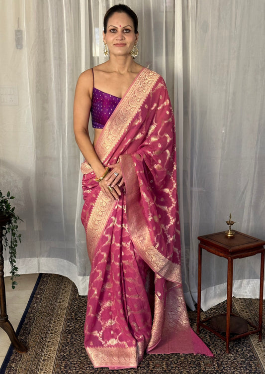 Pink Pure Viscose Georgette Banarasi Sari with Gold Banarasi Work