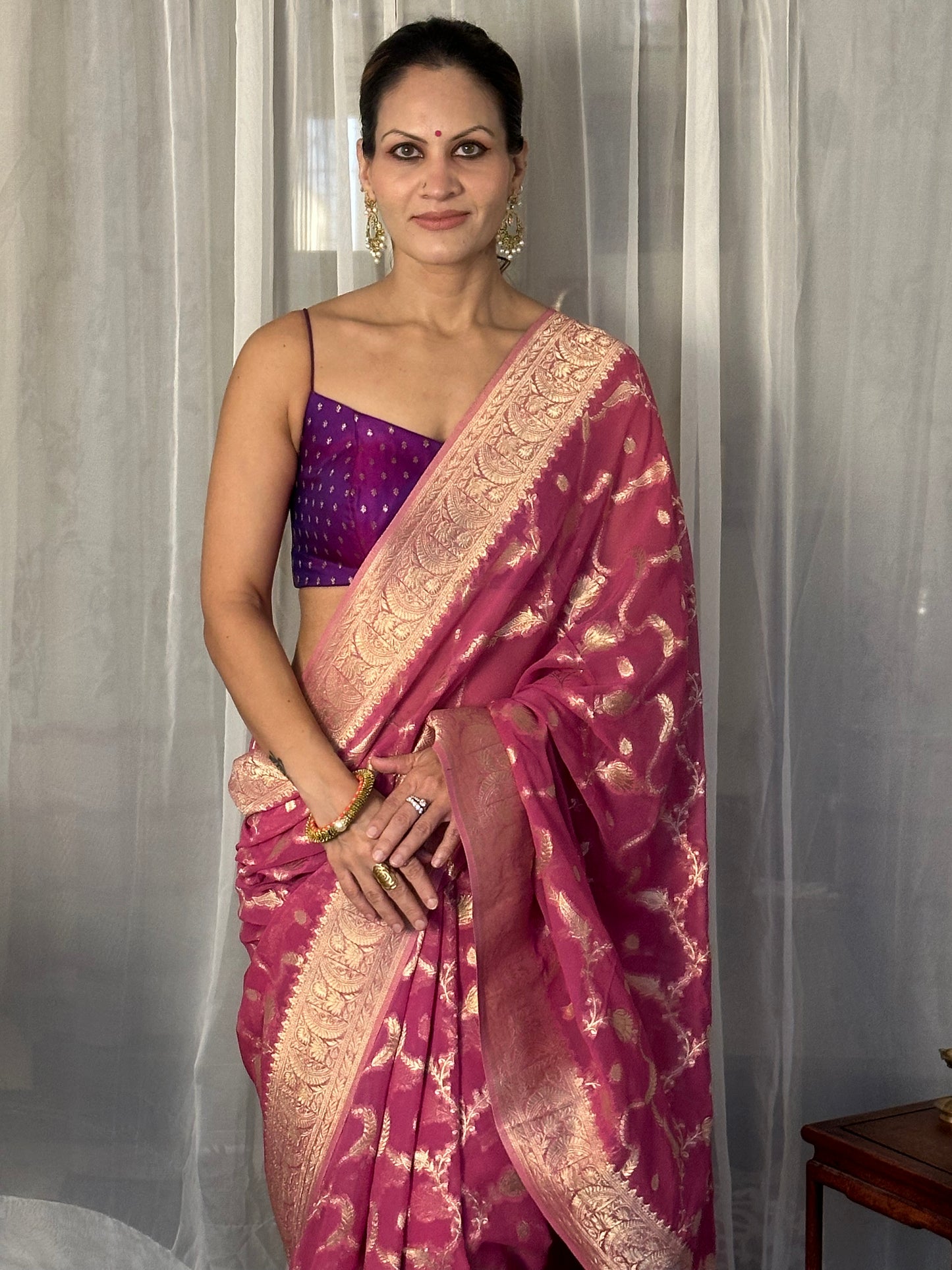 Pink Pure Viscose Georgette Banarasi Sari with Gold Banarasi Work