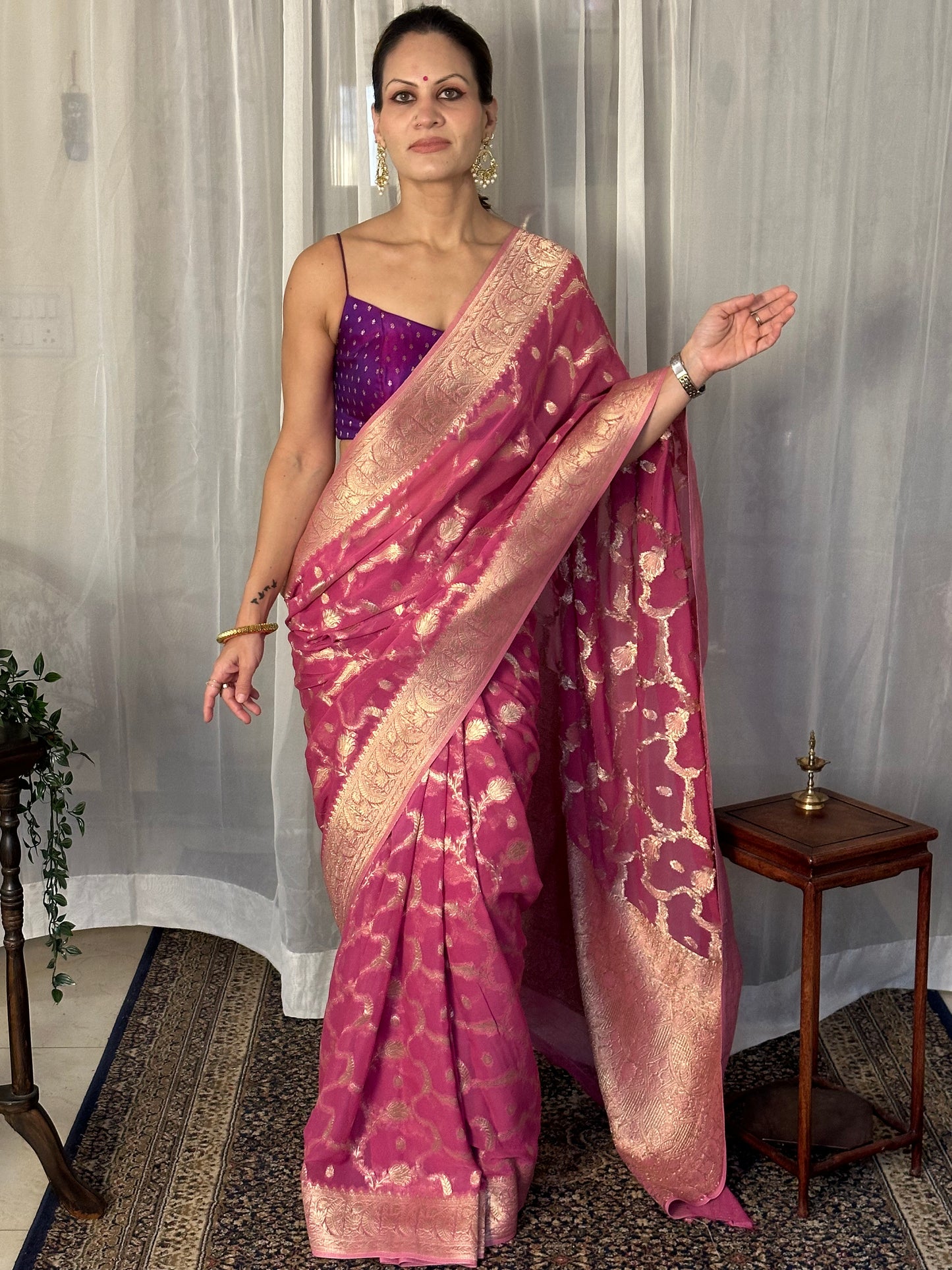 Pink Pure Viscose Georgette Banarasi Sari with Gold Banarasi Work