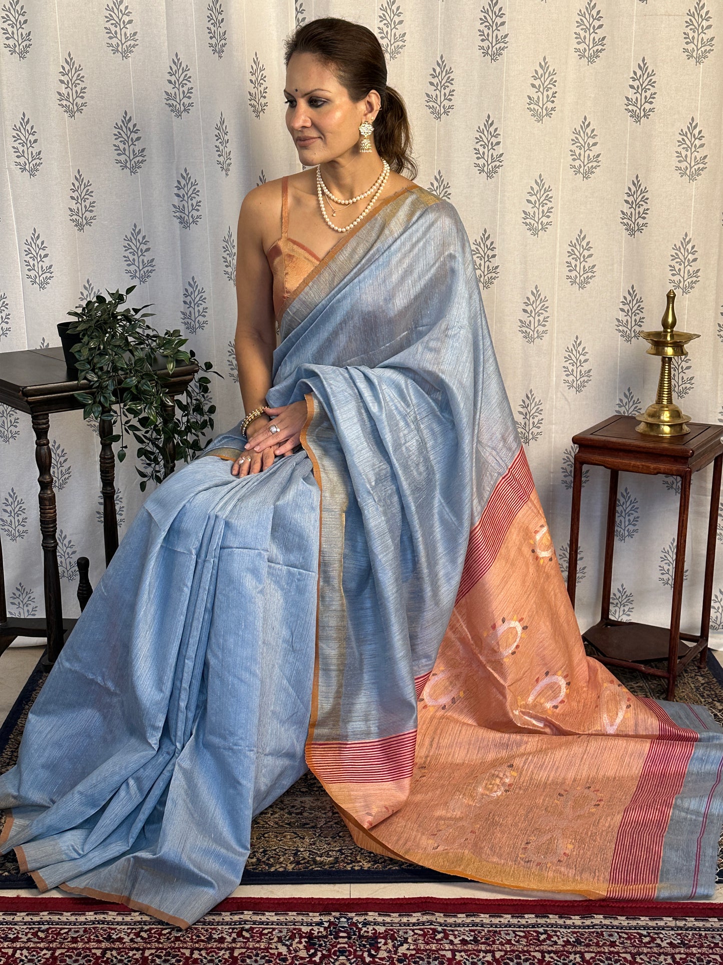 Blue Matka Silk Saree with Peach Contrast Pallu & Jamdani Hand Work