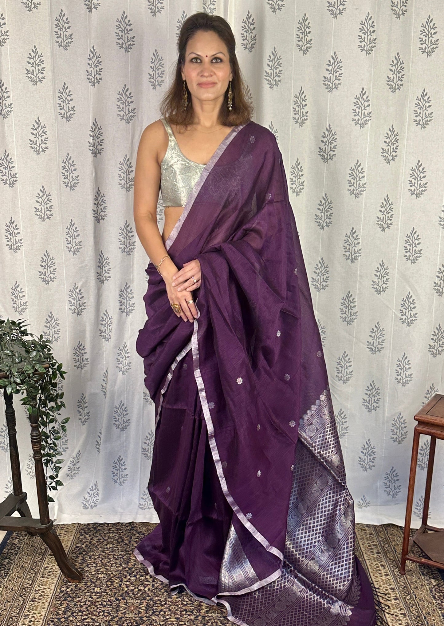 Purple Pure Linen Sari with Banarasi Silver Zari Work