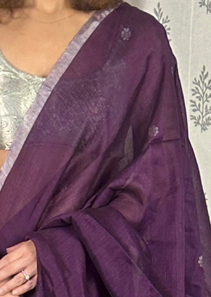 Purple Pure Linen Sari with Banarasi Silver Zari Work