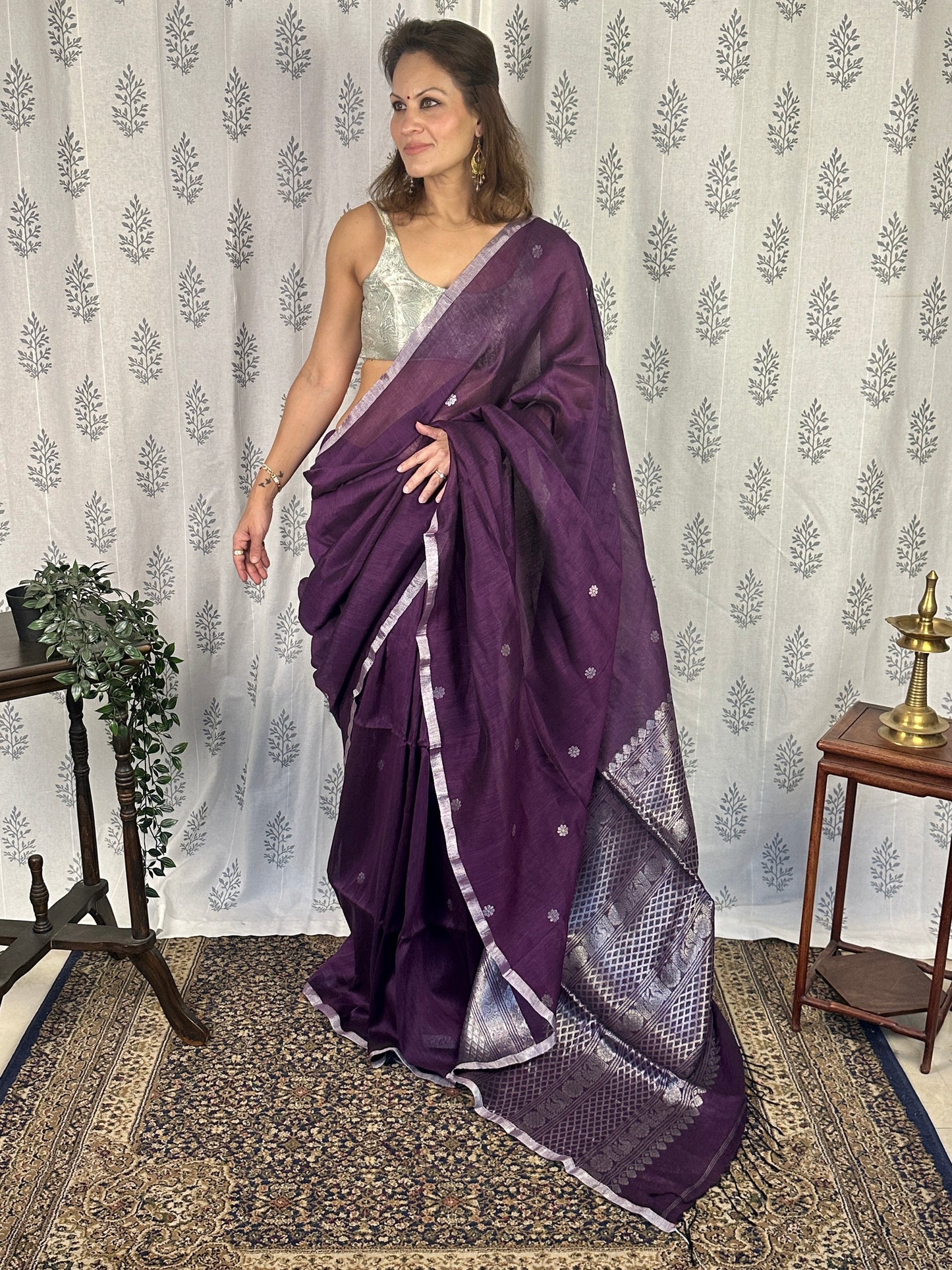 Purple Pure Linen Sari with Banarasi Silver Zari Work