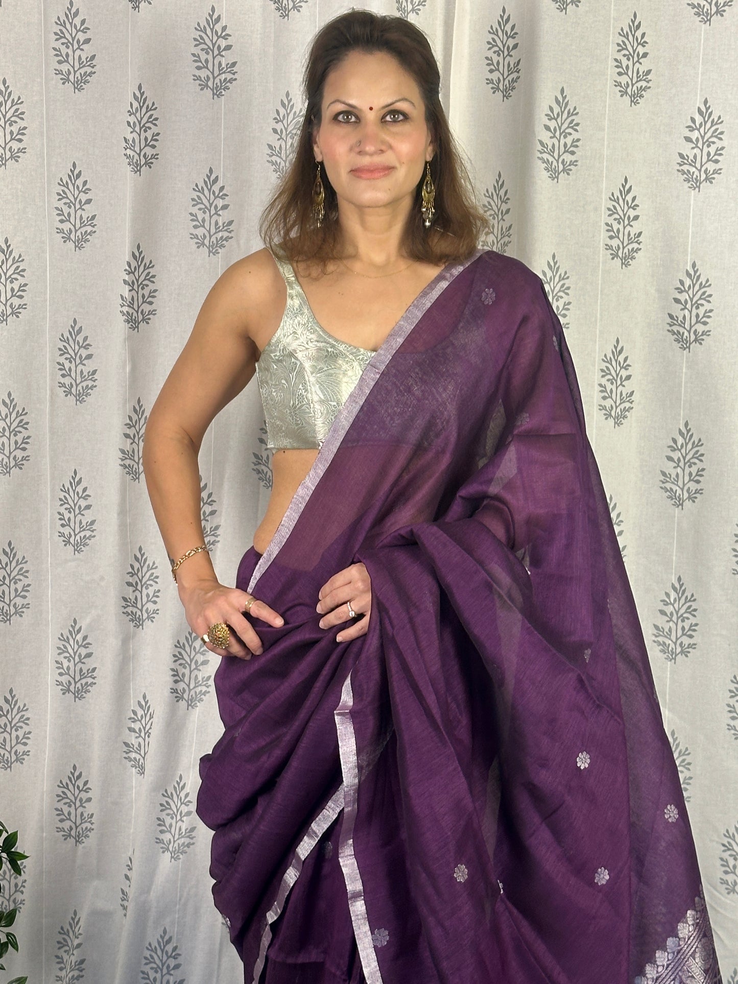 Purple Pure Linen Sari with Banarasi Silver Zari Work