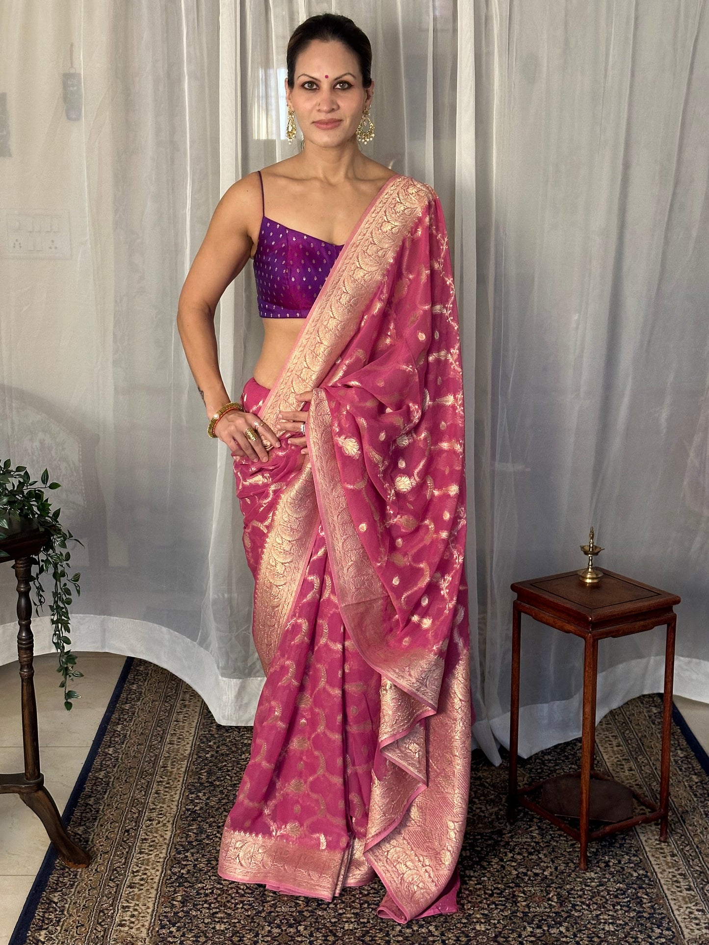 Pink Pure Viscose Georgette Banarasi Sari with Gold Banarasi Work