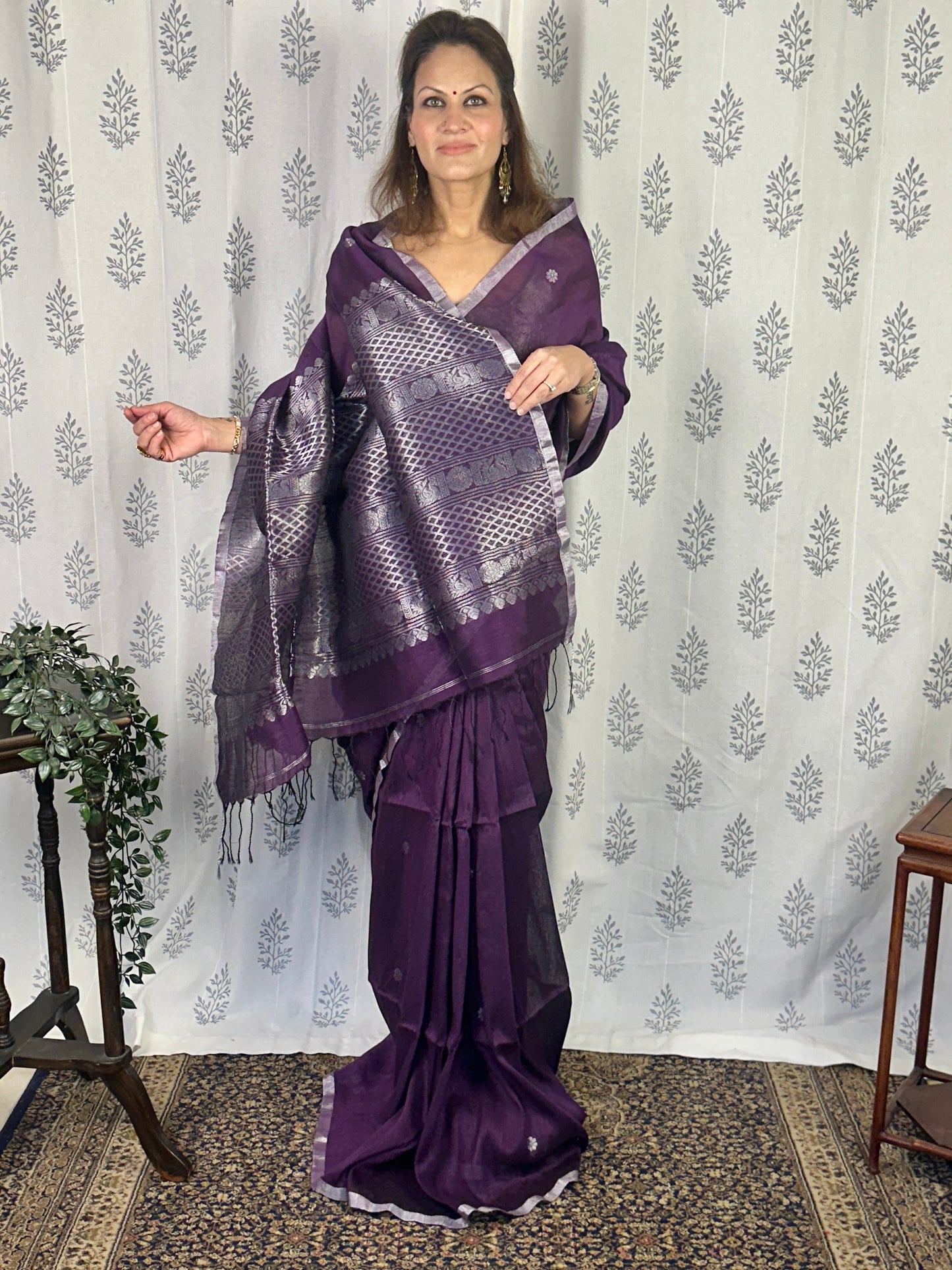 Purple Pure Linen Sari with Banarasi Silver Zari Work