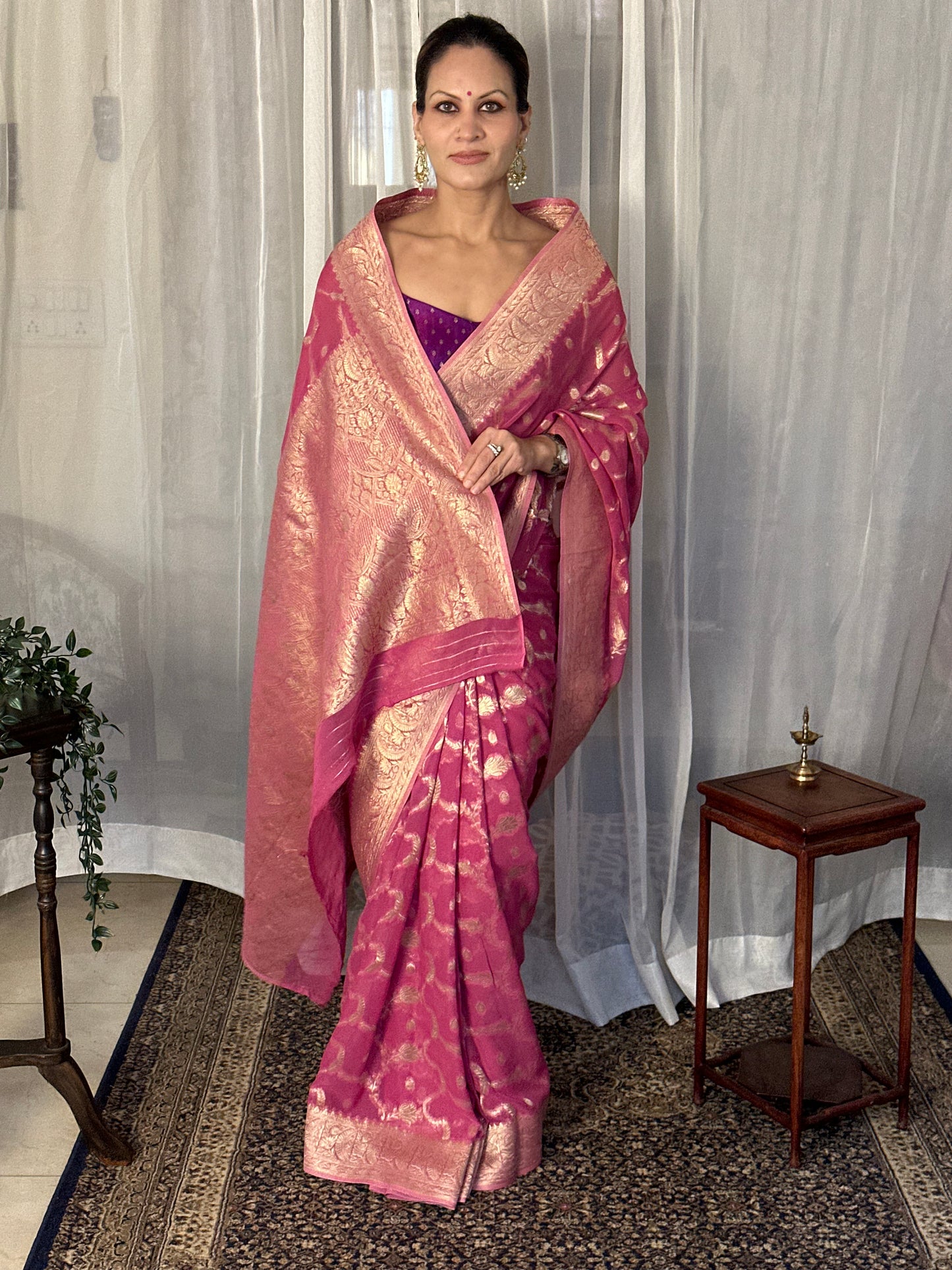 Pink Pure Viscose Georgette Banarasi Sari with Gold Banarasi Work