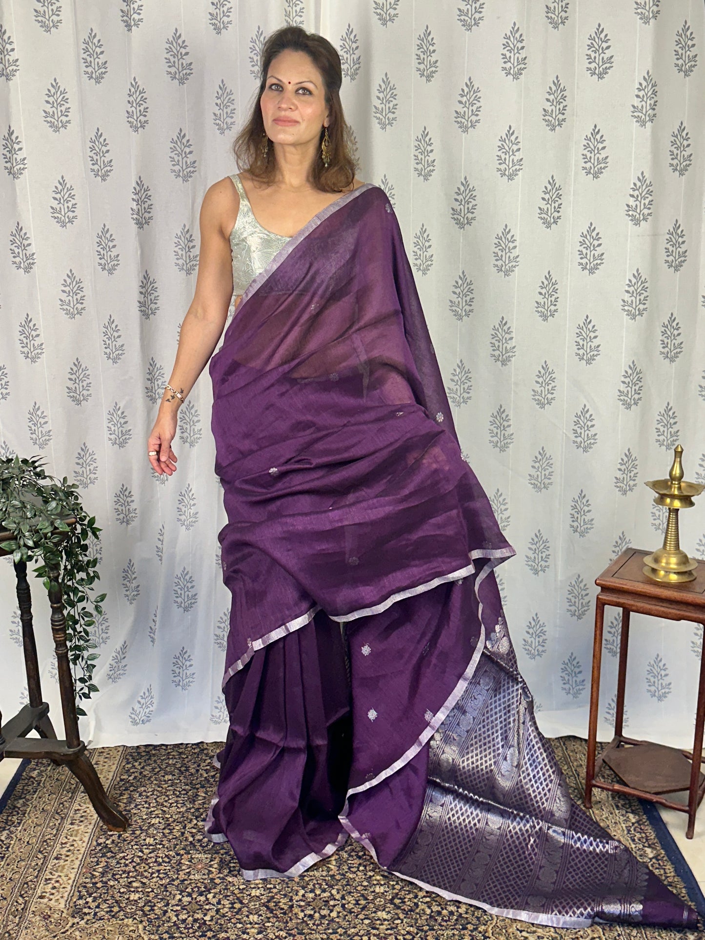 Purple Pure Linen Sari with Banarasi Silver Zari Work