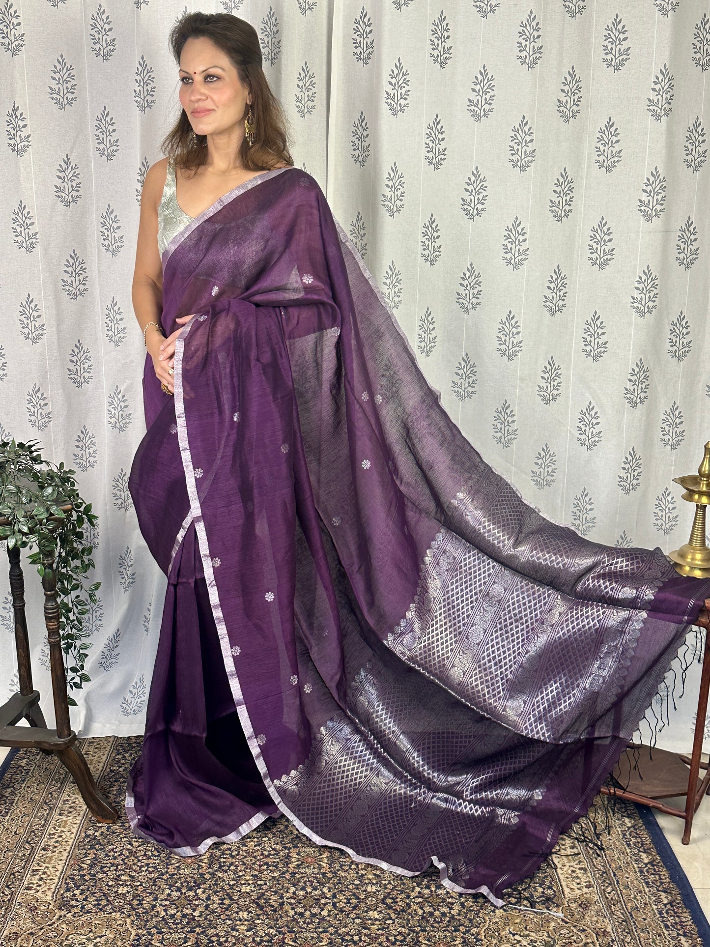 Purple Pure Linen Sari with Banarasi Silver Zari Work