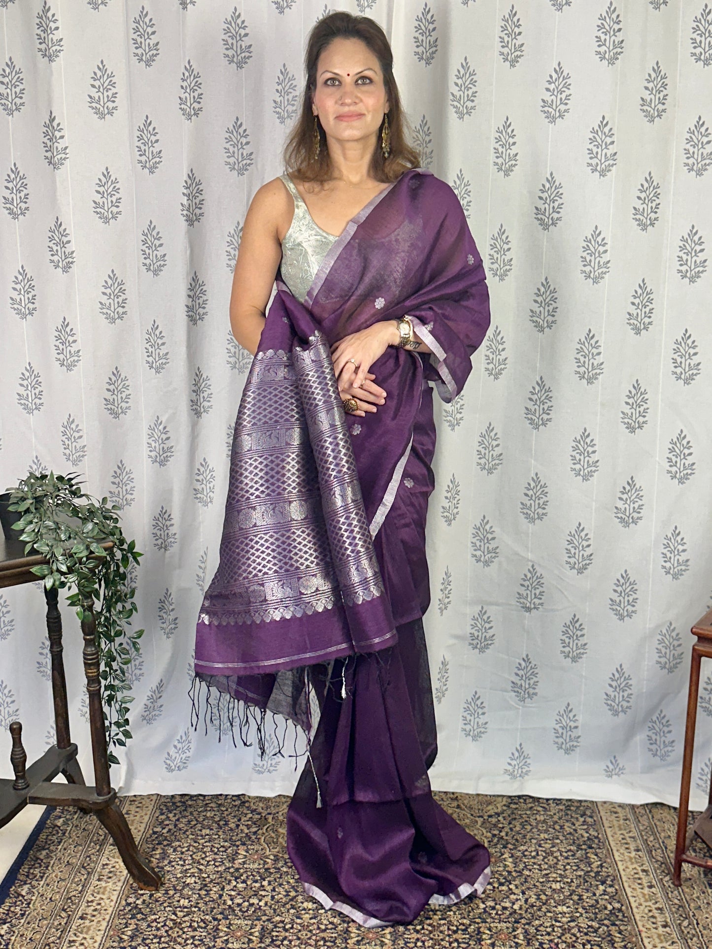 Purple Pure Linen Sari with Banarasi Silver Zari Work