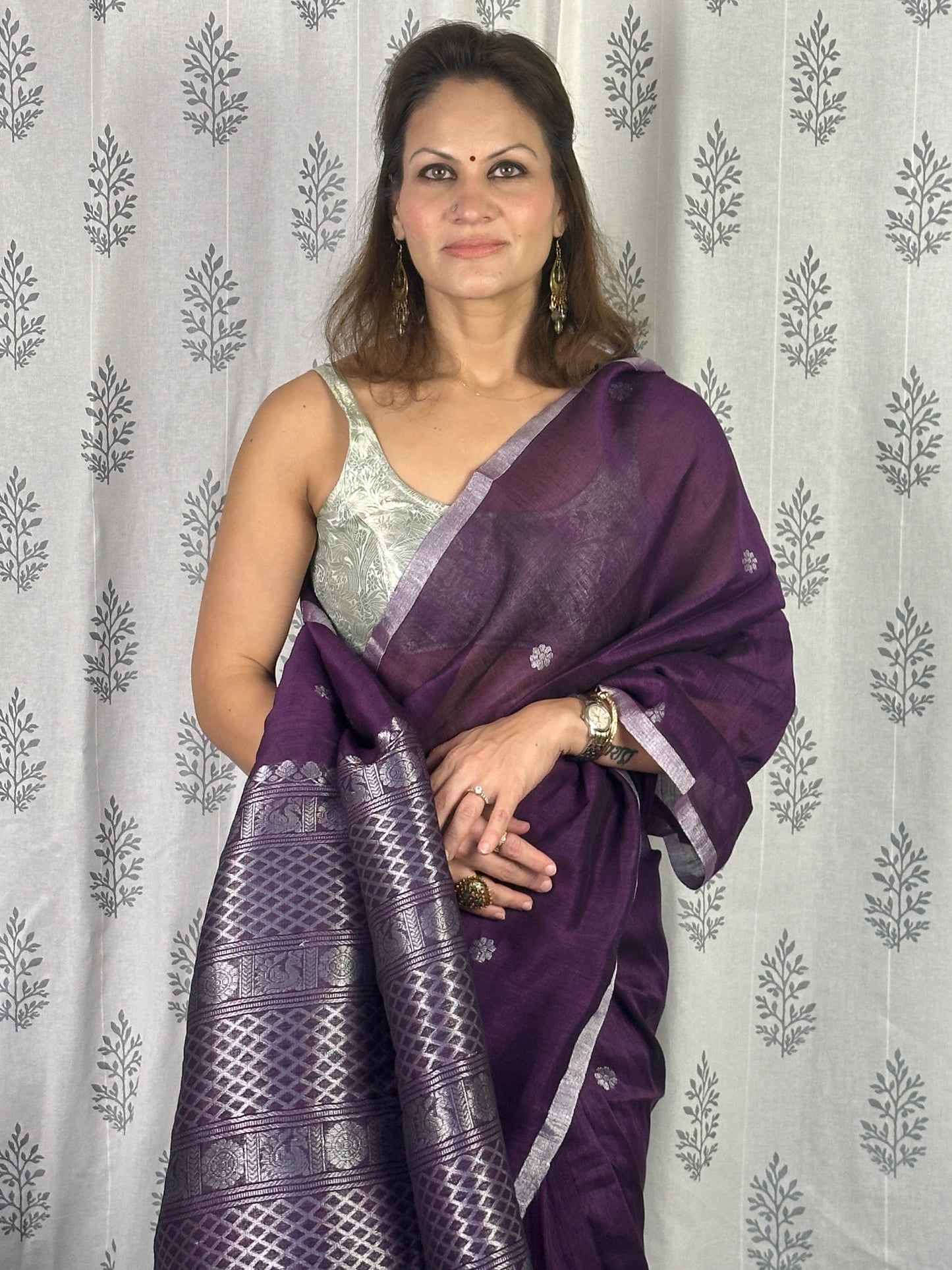 Purple Pure Linen Sari with Banarasi Silver Zari Work