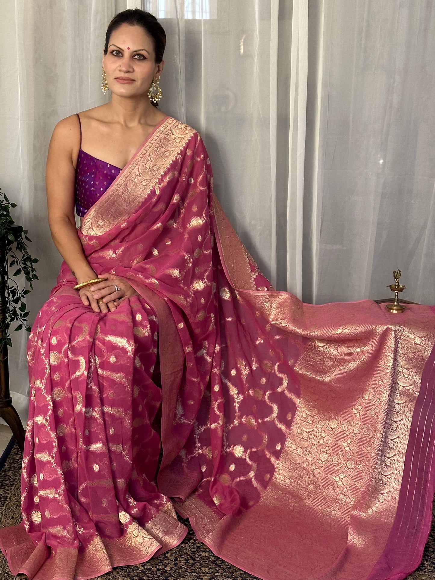 Pink Pure Viscose Georgette Banarasi Sari with Gold Banarasi Work