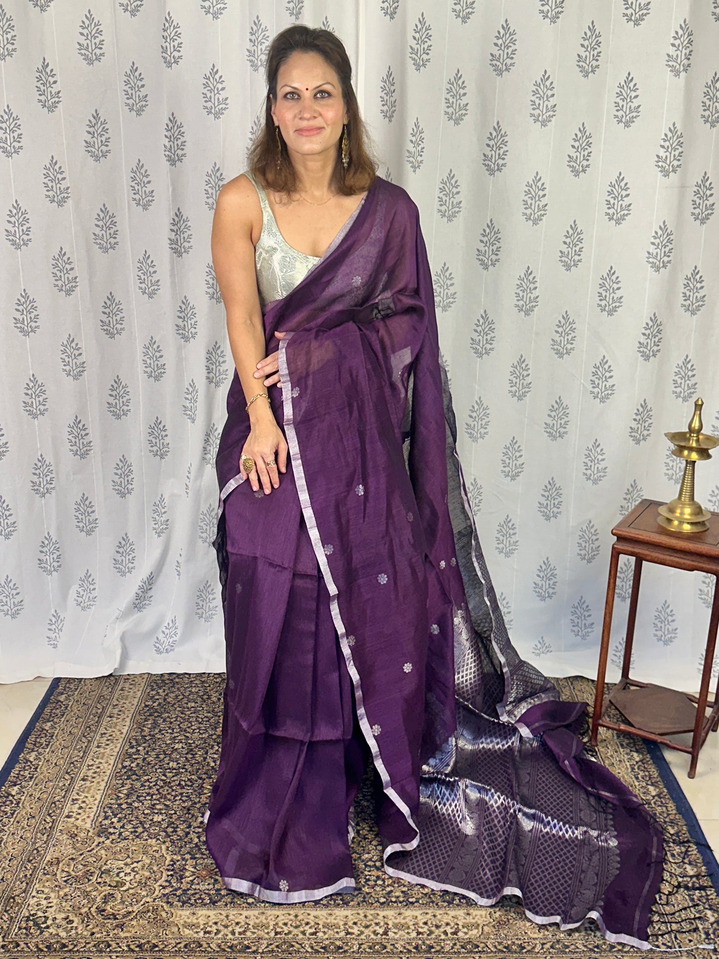 Purple Pure Linen Sari with Banarasi Silver Zari Work