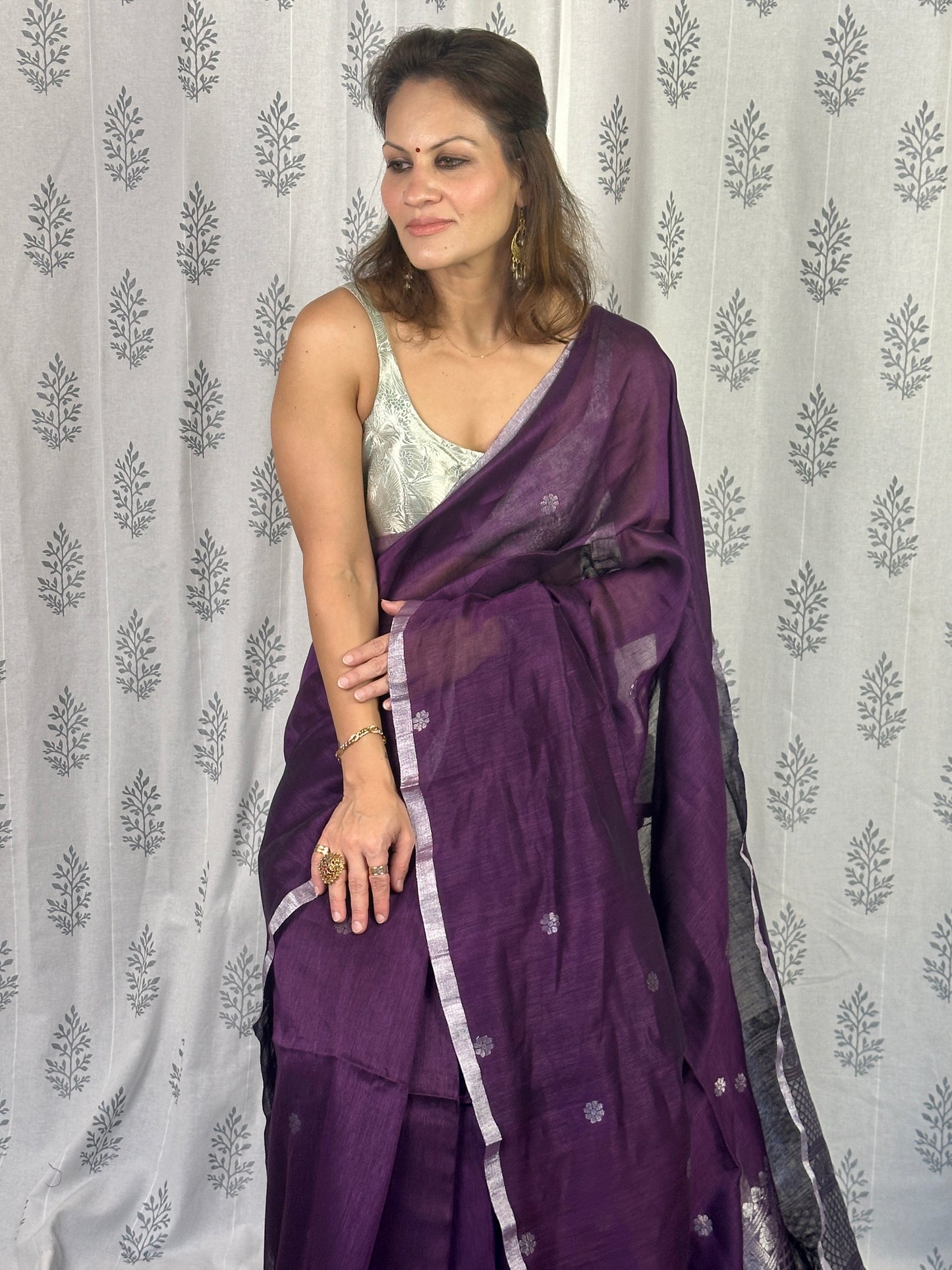 Purple Pure Linen Sari with Banarasi Silver Zari Work