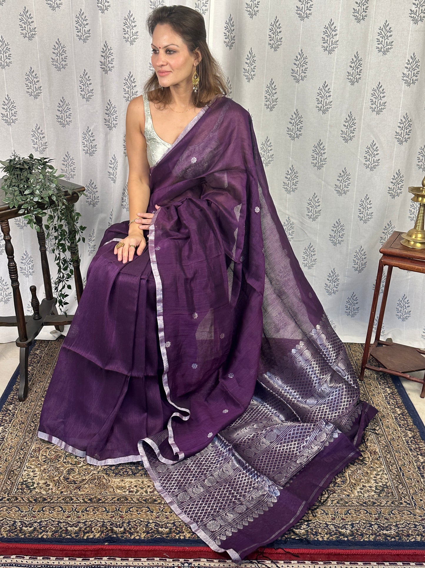Purple Pure Linen Sari with Banarasi Silver Zari Work