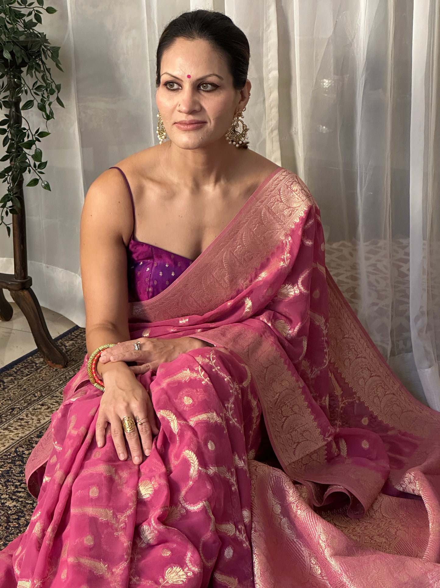 Pink Pure Viscose Georgette Banarasi Sari with Gold Banarasi Work