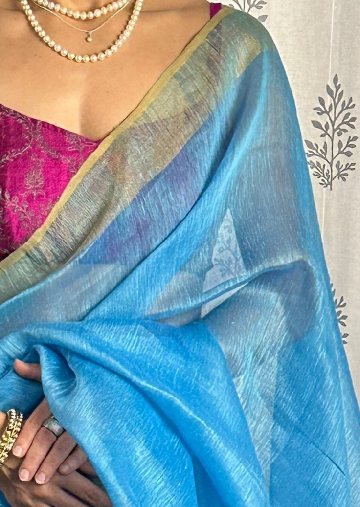 Blue Pure Linen Silk Sari with Muslin Pallu with Intricate Jamdani Work